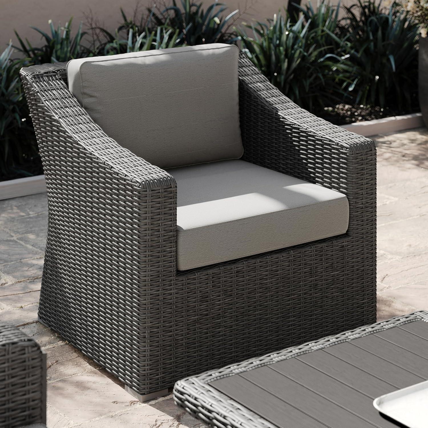 imageMartha Stewart Bedford IndoorOutdoor Patio Accent Chair with Rattan Wicker Finish in Brown with Tan AllWeather CushionsGray CushionsGray Frame