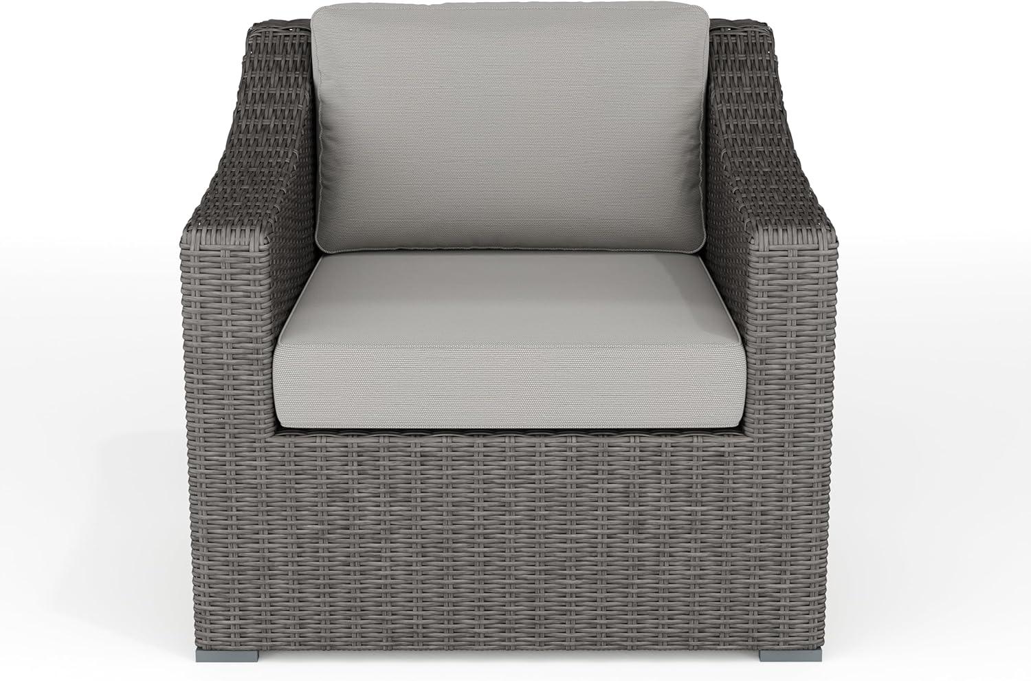 imageMartha Stewart Bedford IndoorOutdoor Patio Accent Chair with Rattan Wicker Finish in Brown with Tan AllWeather CushionsGray CushionsGray Frame