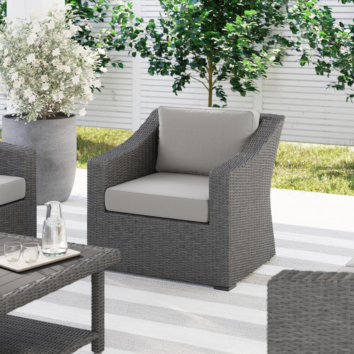 imageMartha Stewart Bedford IndoorOutdoor Patio Accent Chair with Rattan Wicker Finish in Brown with Tan AllWeather CushionsGray CushionsGray Frame