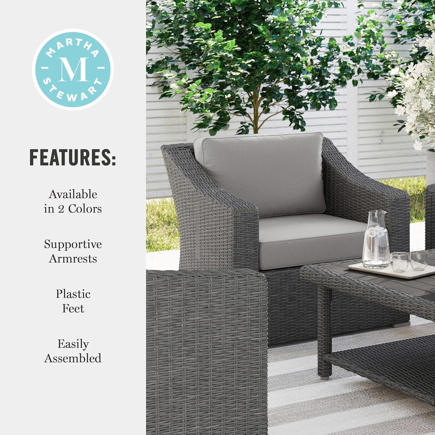 imageMartha Stewart Bedford IndoorOutdoor Patio Accent Chair with Rattan Wicker Finish in Brown with Tan AllWeather CushionsGray CushionsGray Frame