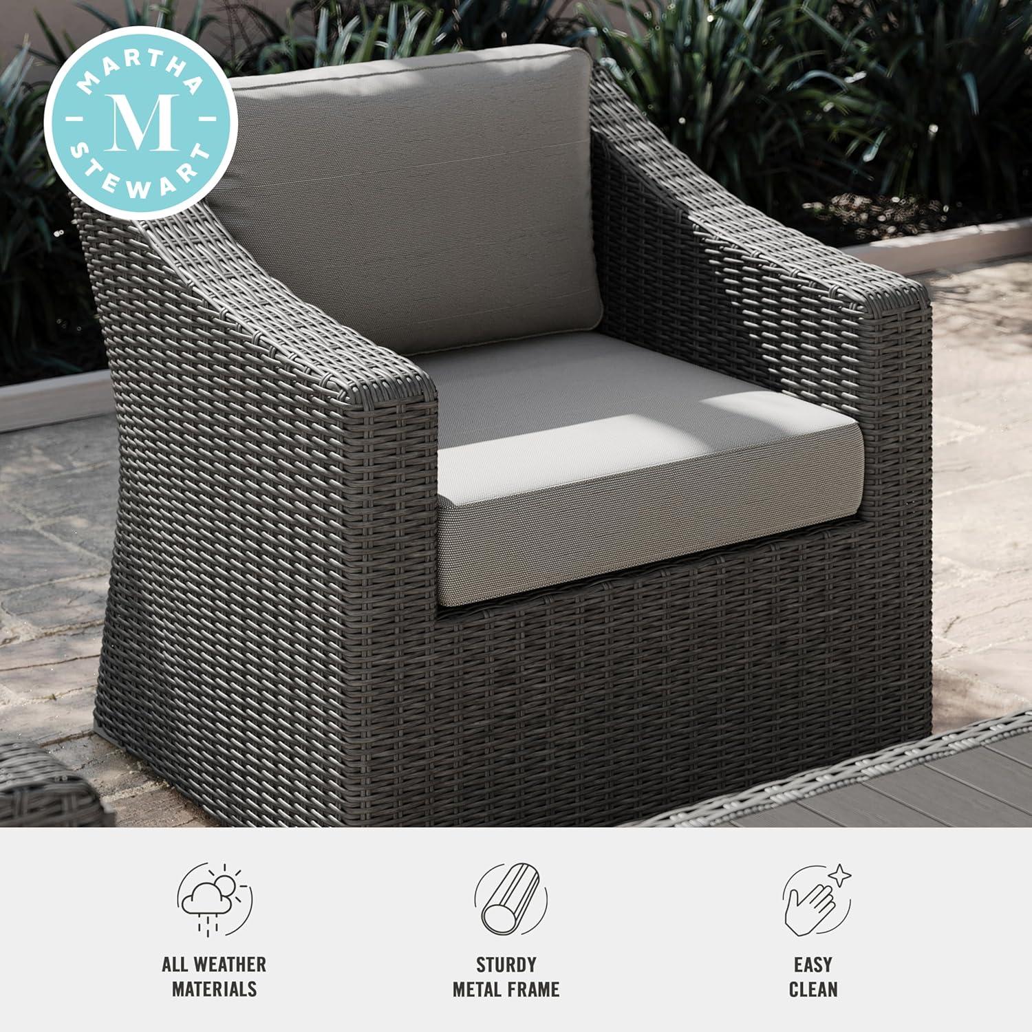 imageMartha Stewart Bedford IndoorOutdoor Patio Accent Chair with Rattan Wicker Finish in Brown with Tan AllWeather CushionsGray CushionsGray Frame