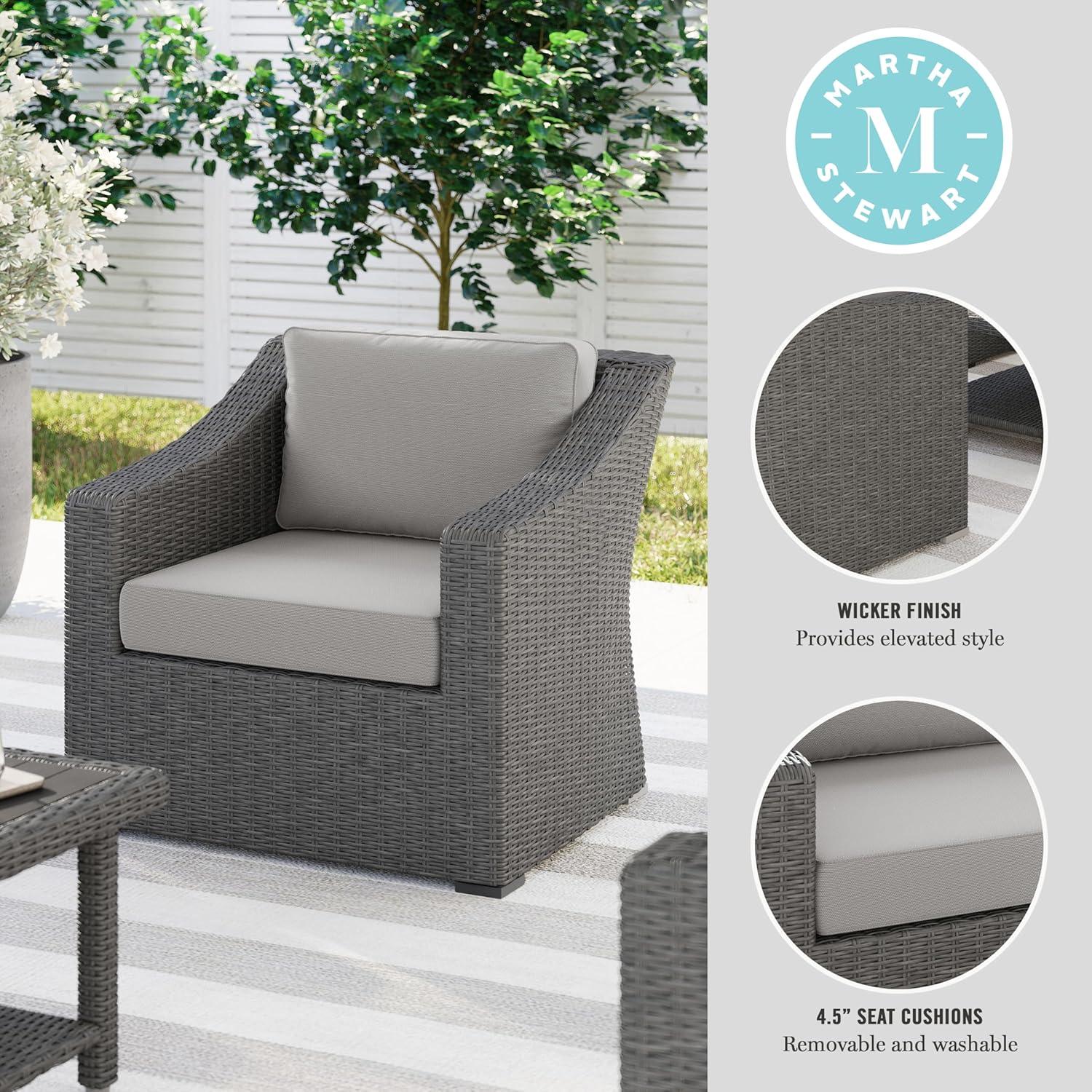 imageMartha Stewart Bedford IndoorOutdoor Patio Accent Chair with Rattan Wicker Finish in Brown with Tan AllWeather CushionsGray CushionsGray Frame