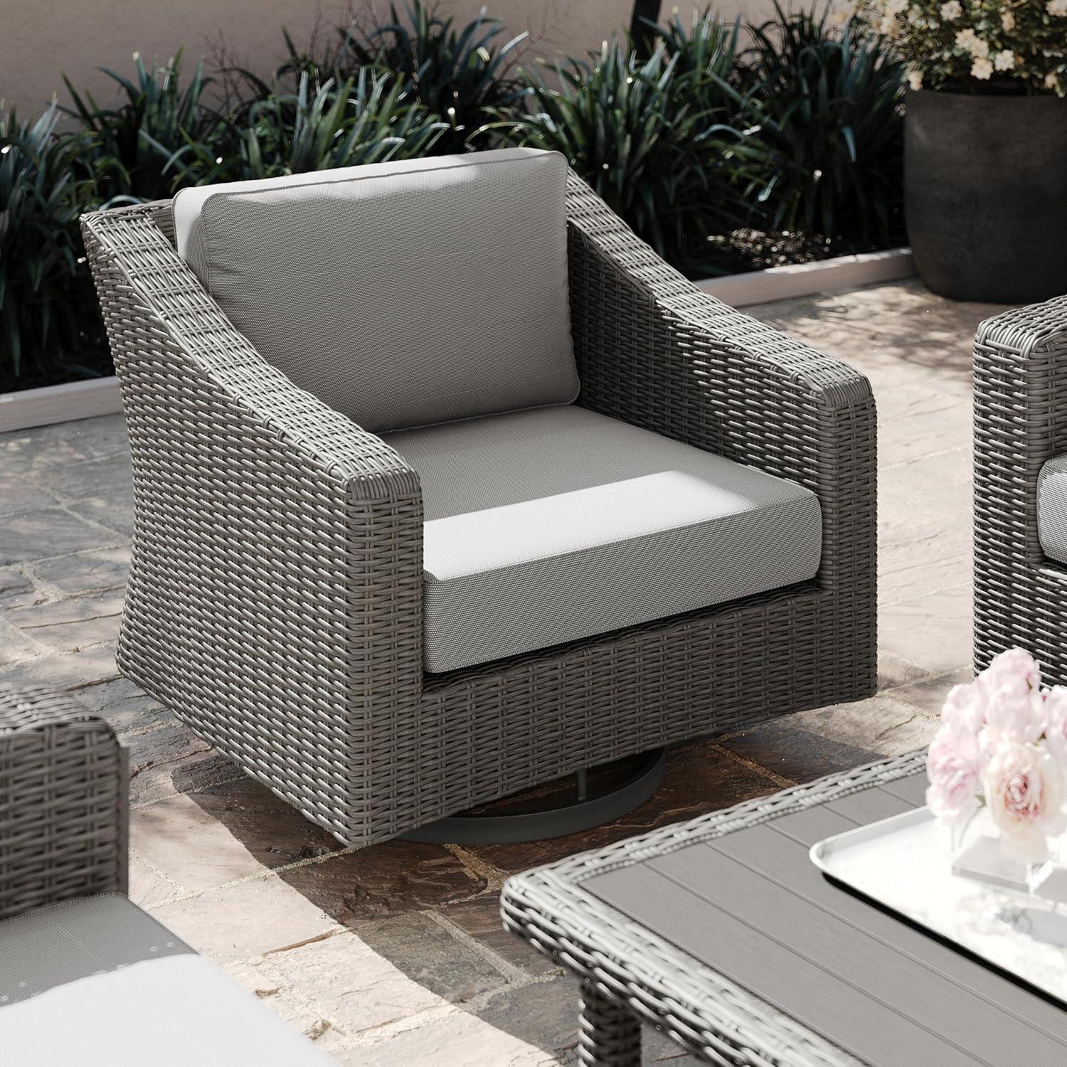 imageMartha Stewart Bedford IndoorOutdoor Patio Chair with 360 Swivel Functionality and Rattan Wicker Finish in Gray with Gray AllWeather Cushions