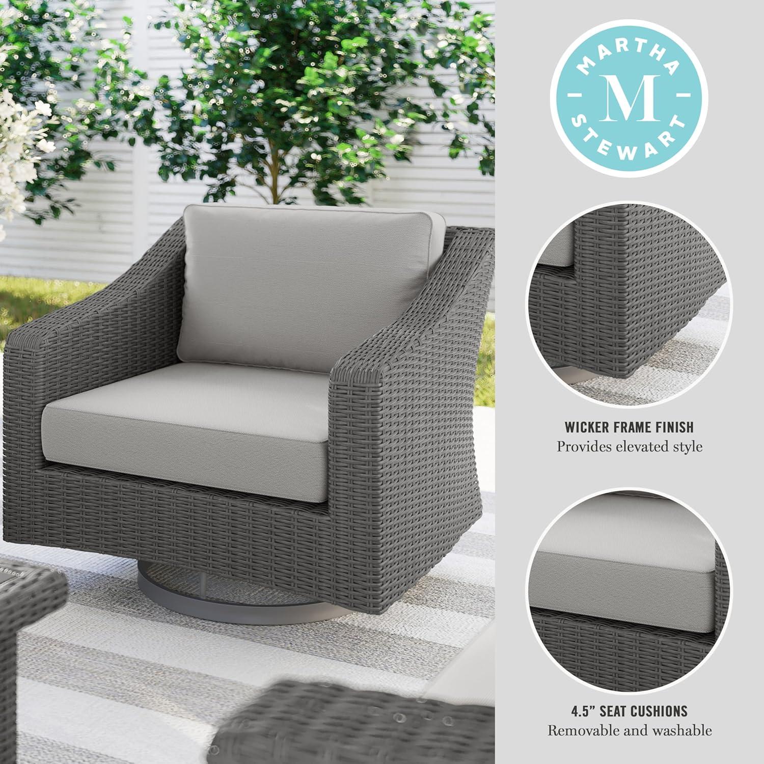imageMartha Stewart Bedford IndoorOutdoor Patio Chair with 360 Swivel Functionality and Rattan Wicker Finish in Gray with Gray AllWeather Cushions