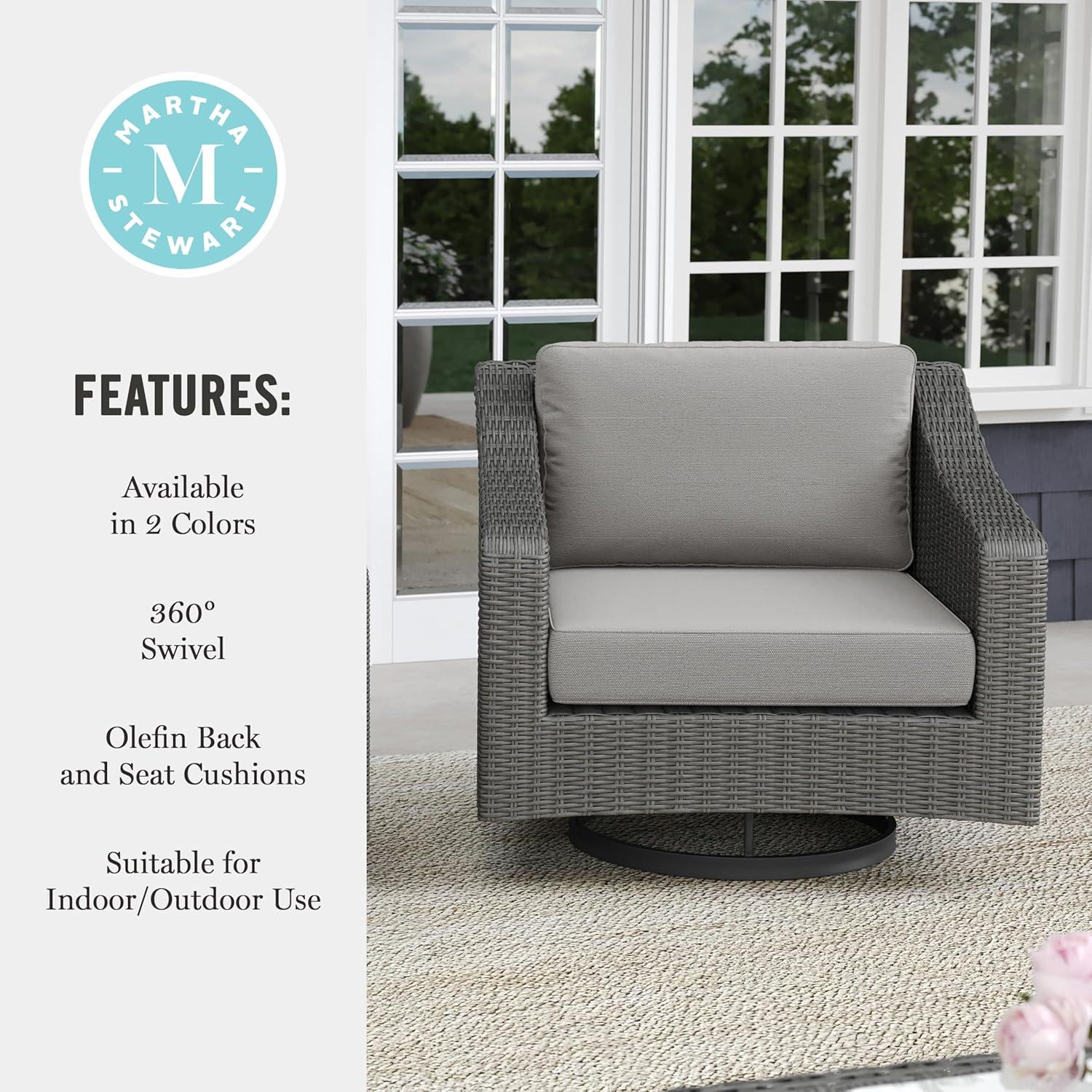 imageMartha Stewart Bedford IndoorOutdoor Patio Chair with 360 Swivel Functionality and Rattan Wicker Finish in Gray with Gray AllWeather Cushions
