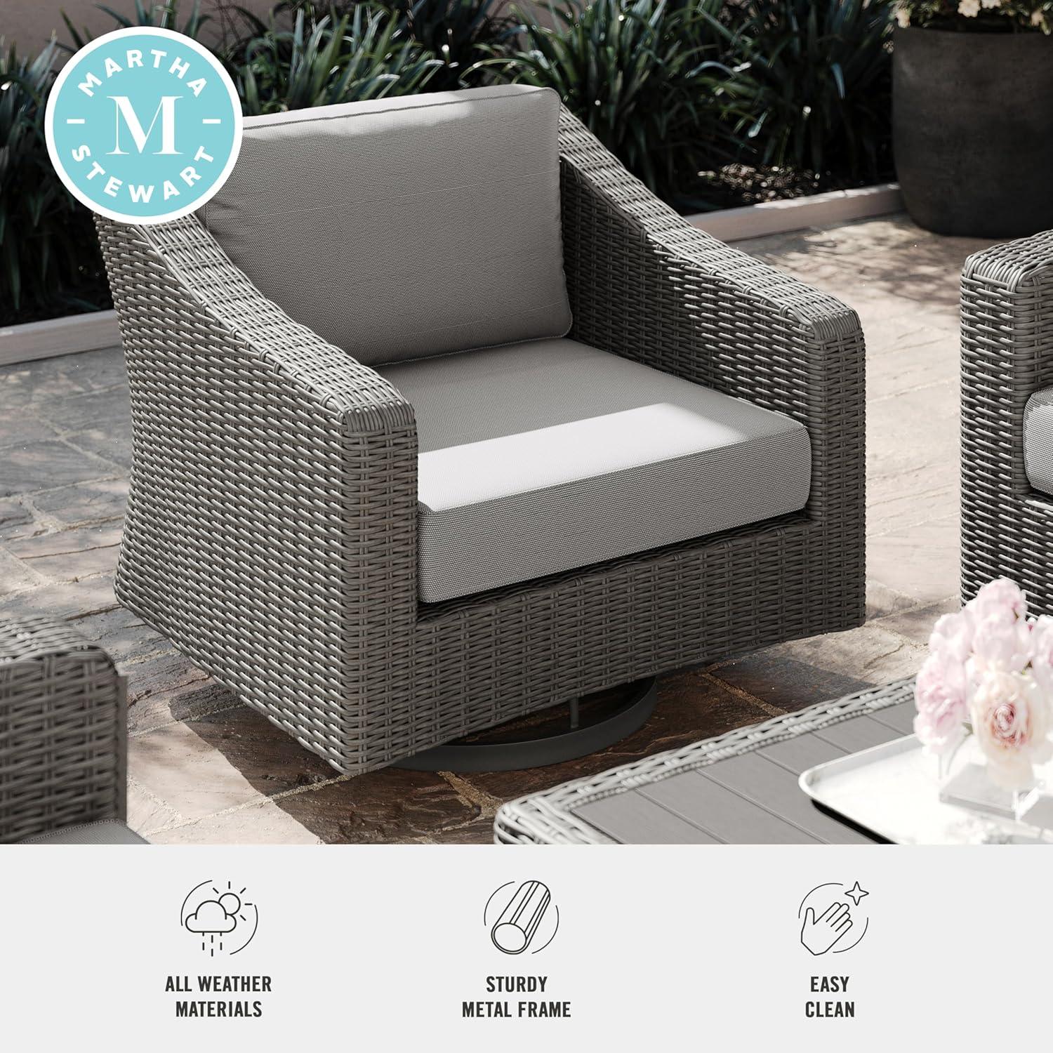 imageMartha Stewart Bedford IndoorOutdoor Patio Chair with 360 Swivel Functionality and Rattan Wicker Finish in Gray with Gray AllWeather Cushions