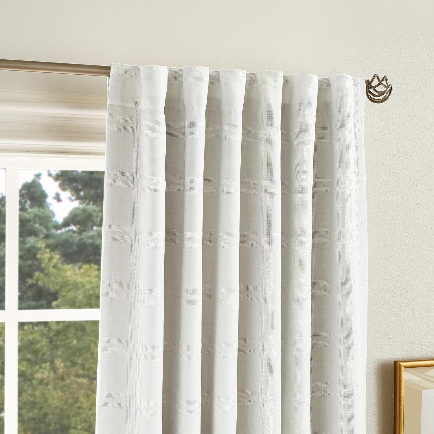 imageMartha Stewart Bedford Woven Plaid Blackout Back Tab Window Curtain Panel Pair 84quot WhiteWhite