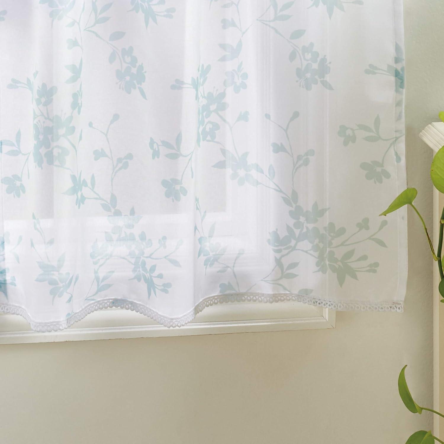 imageMartha Stewart Bellefield Floral Sheer Window Curtain Valance and Tiers Set LinenAqua