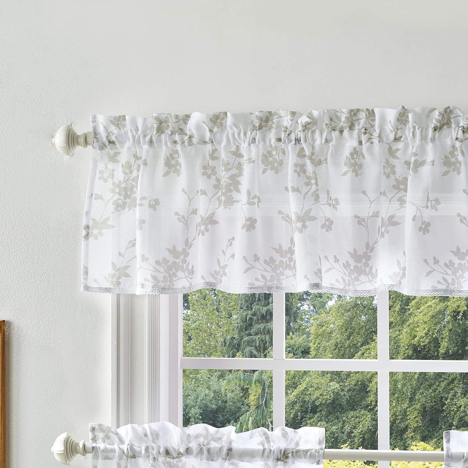 imageMartha Stewart Bellefield Floral Sheer Window Curtain Valance and Tiers Set LinenLinen