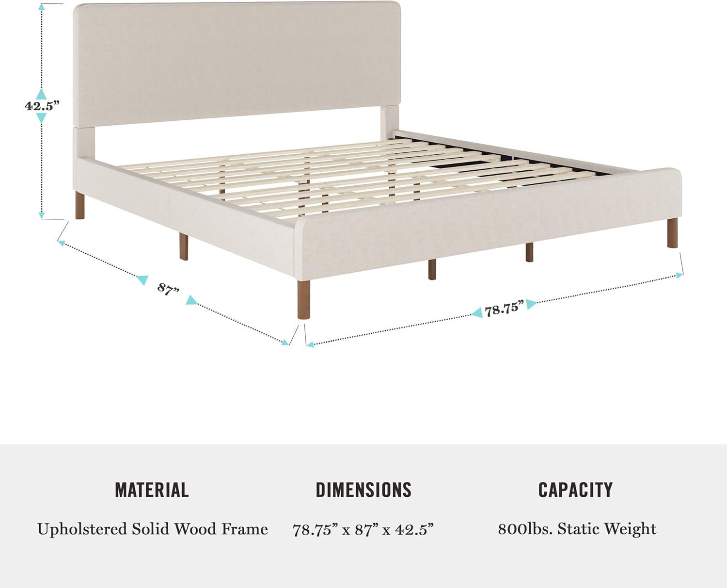 imageMartha Stewart Britta Platform Bed with Headboard ampamp Footboard Faux Linen Upholstery with Piping Detail Rounded Headboard No Box Spring Needed Queen BeigeBeige FabricWalnut Legs