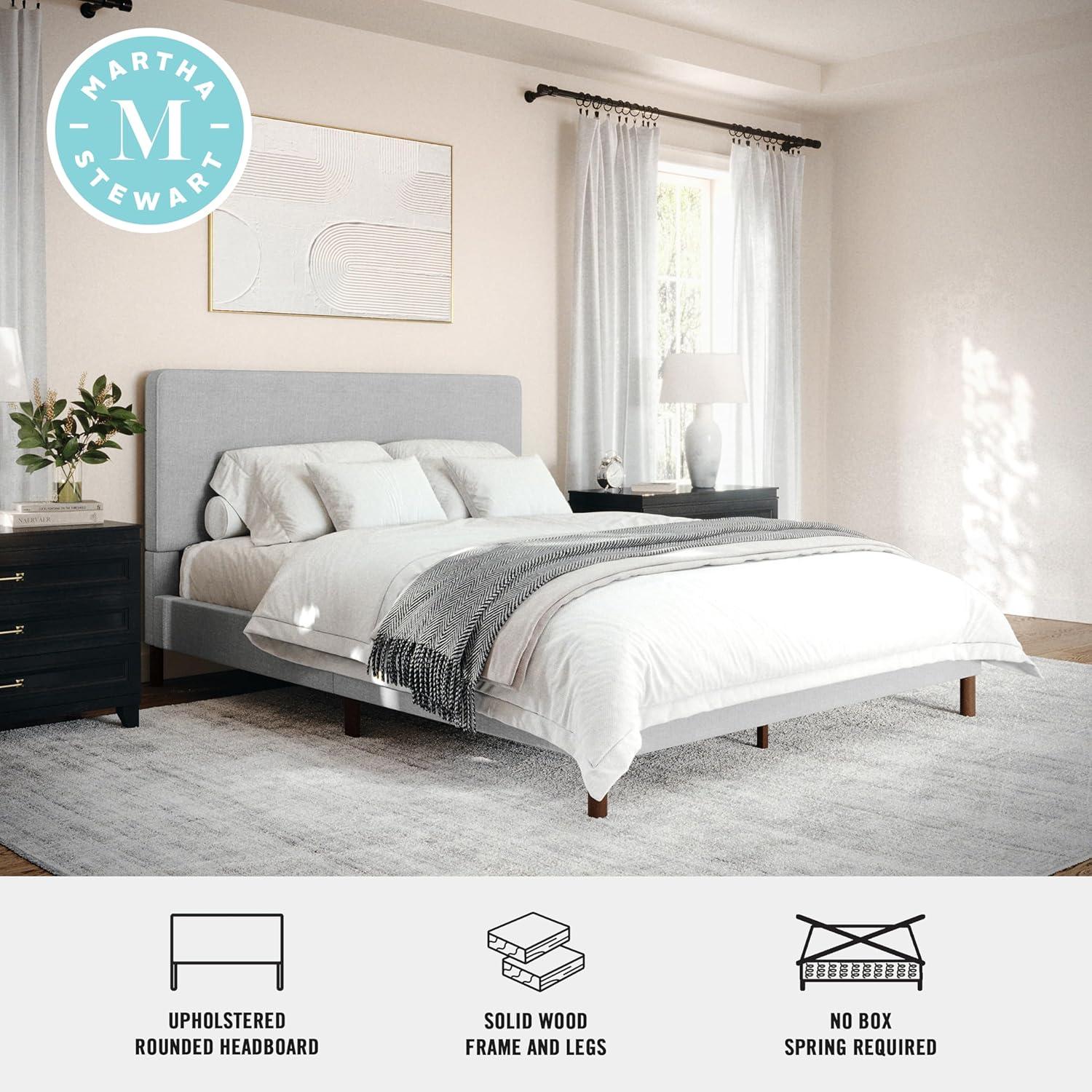 imageMartha Stewart Britta Platform Bed with Headboard ampamp Footboard Faux Linen Upholstery with Piping Detail Rounded Headboard No Box Spring Needed Queen BeigeGray FabricWalnut Legs