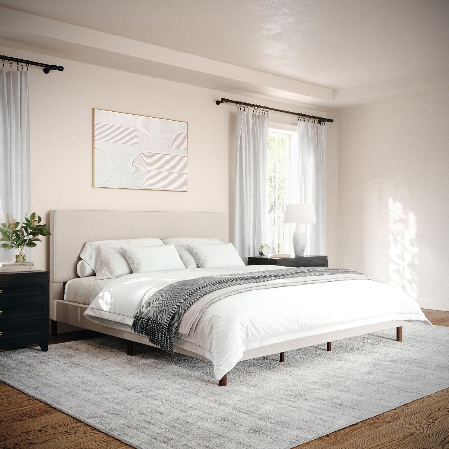 imageMartha Stewart Britta Platform Bed with Headboard ampamp Footboard Faux Linen Upholstery with Piping Detail Rounded Headboard No Box Spring Needed Queen BeigeBeige FabricWalnut Legs