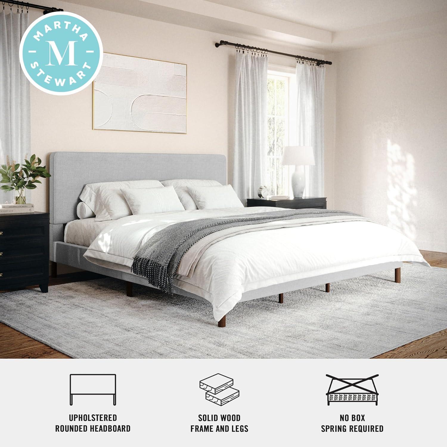 imageMartha Stewart Britta Platform Bed with Headboard ampamp Footboard Faux Linen Upholstery with Piping Detail Rounded Headboard No Box Spring Needed Queen BeigeGray FabricWalnut Legs