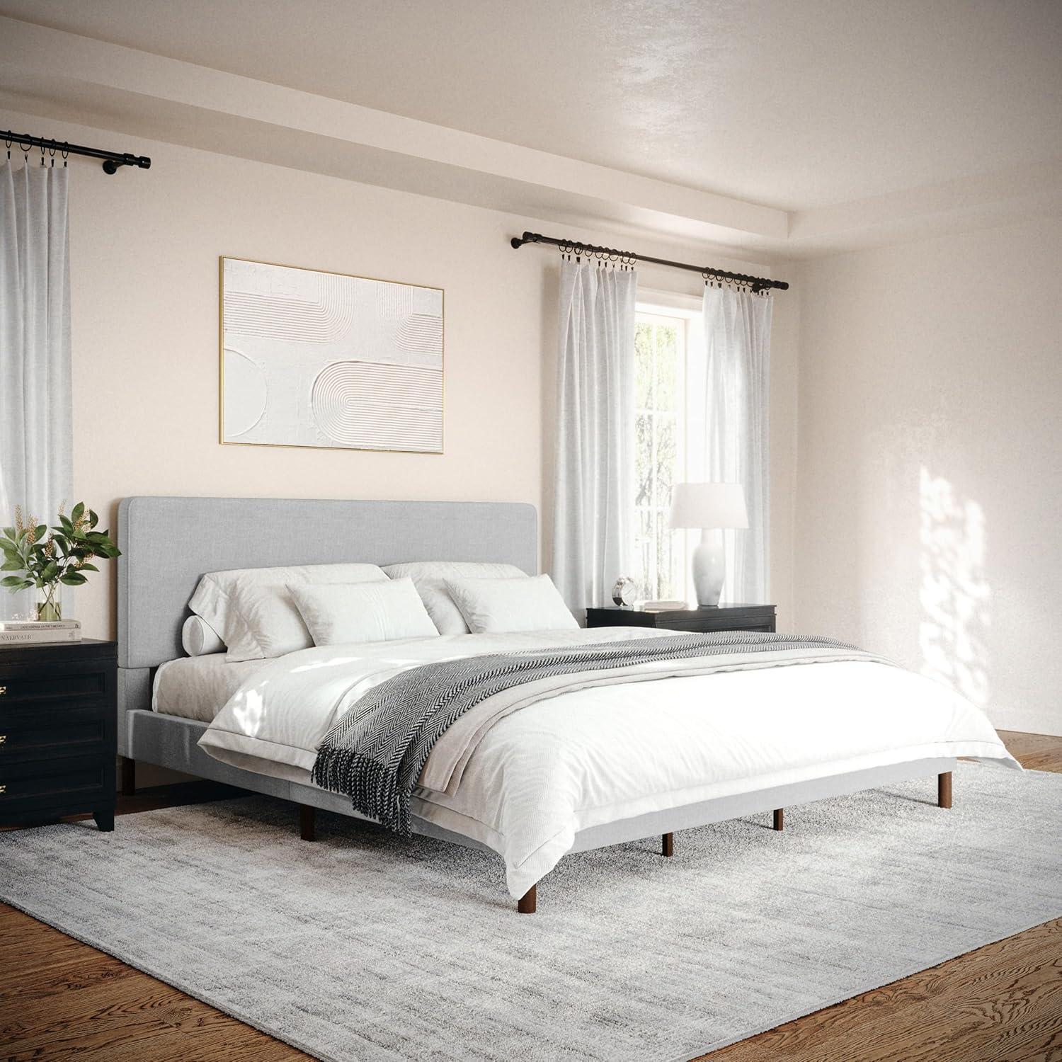 imageMartha Stewart Britta Platform Bed with Headboard ampamp Footboard Faux Linen Upholstery with Piping Detail Rounded Headboard No Box Spring Needed Queen BeigeGray FabricWalnut Legs