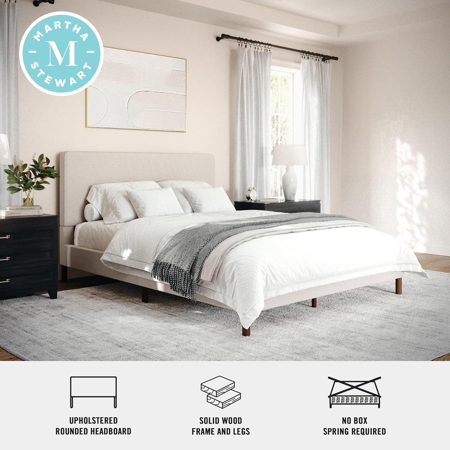 imageMartha Stewart Britta Platform Bed with Headboard ampamp Footboard Faux Linen Upholstery with Piping Detail Rounded Headboard No Box Spring Needed Queen BeigeBeige FabricWalnut Legs