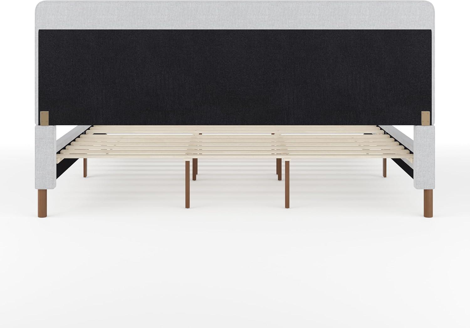 imageMartha Stewart Britta Platform Bed with Headboard ampamp Footboard Faux Linen Upholstery with Piping Detail Rounded Headboard No Box Spring Needed Queen BeigeGray FabricWalnut Legs