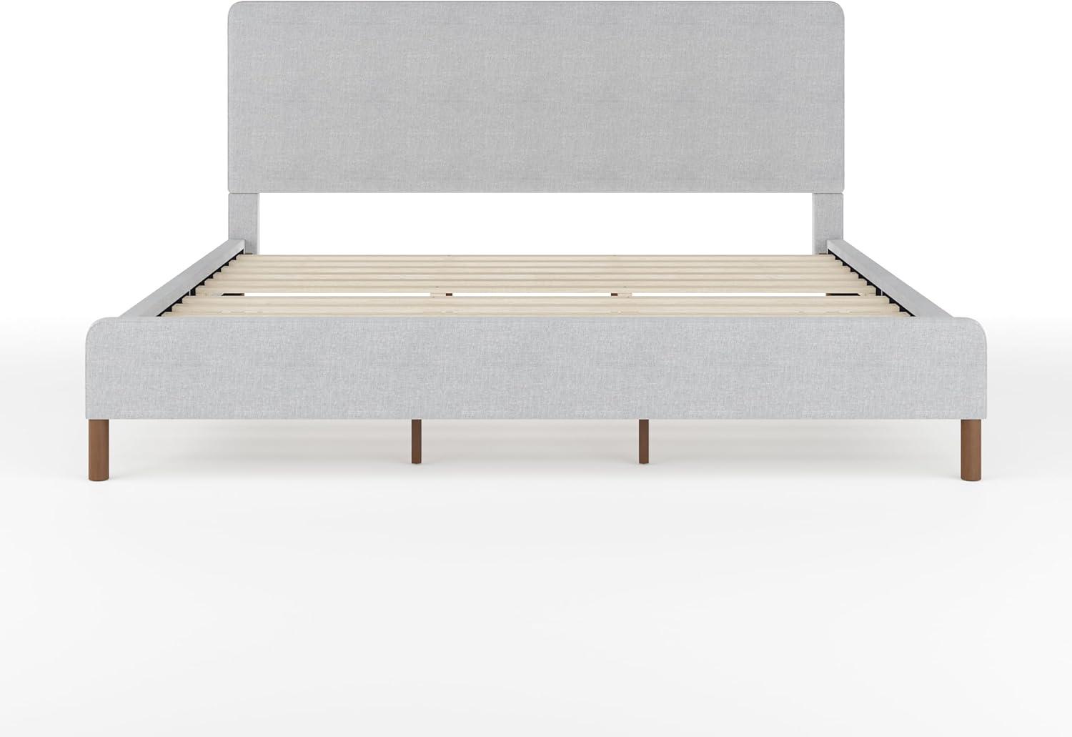imageMartha Stewart Britta Platform Bed with Headboard ampamp Footboard Faux Linen Upholstery with Piping Detail Rounded Headboard No Box Spring Needed Queen BeigeGray FabricWalnut Legs