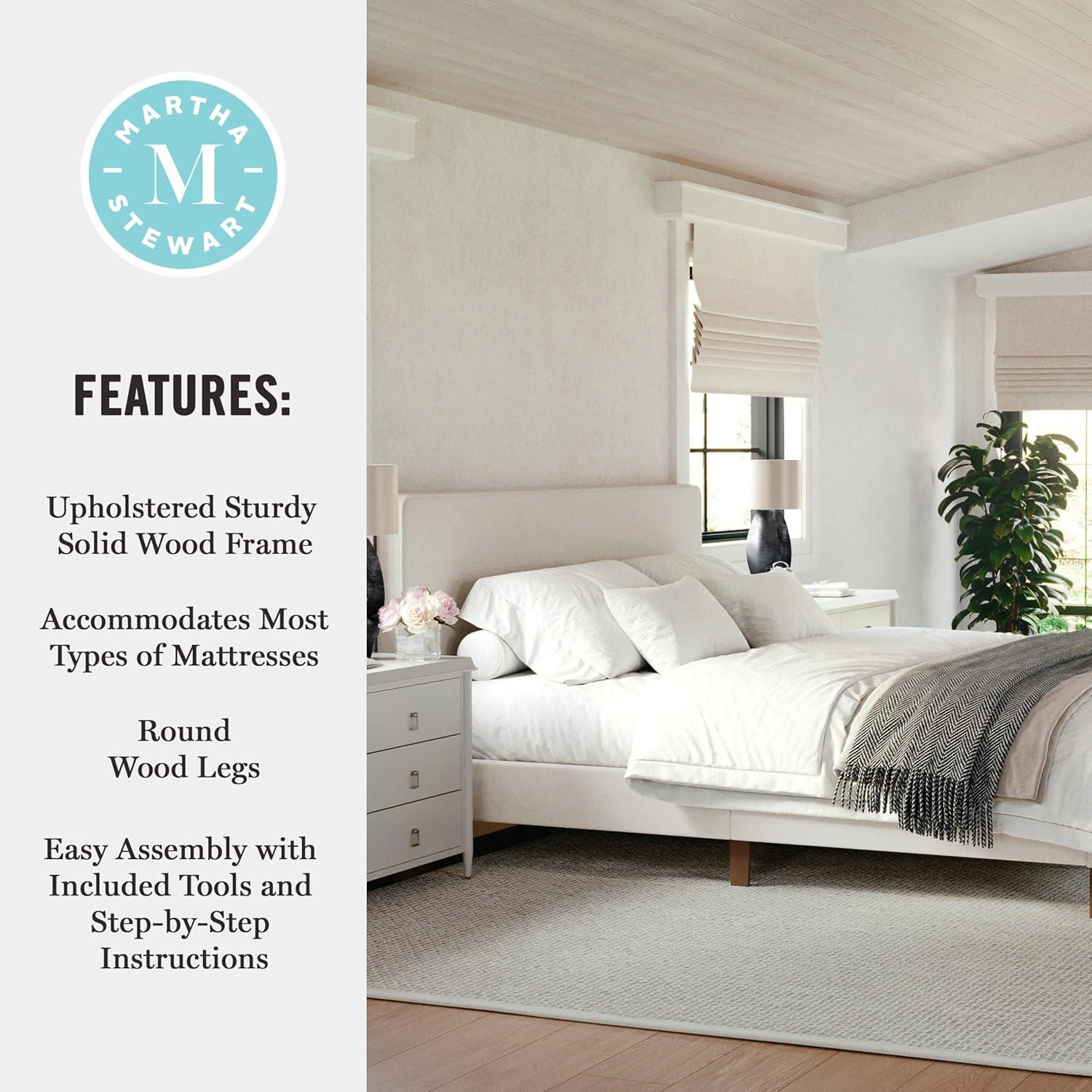 imageMartha Stewart Britta Platform Bed with Headboard ampamp Footboard Faux Linen Upholstery with Piping Detail Rounded Headboard No Box Spring Needed Queen BeigeBeige FabricWalnut Legs