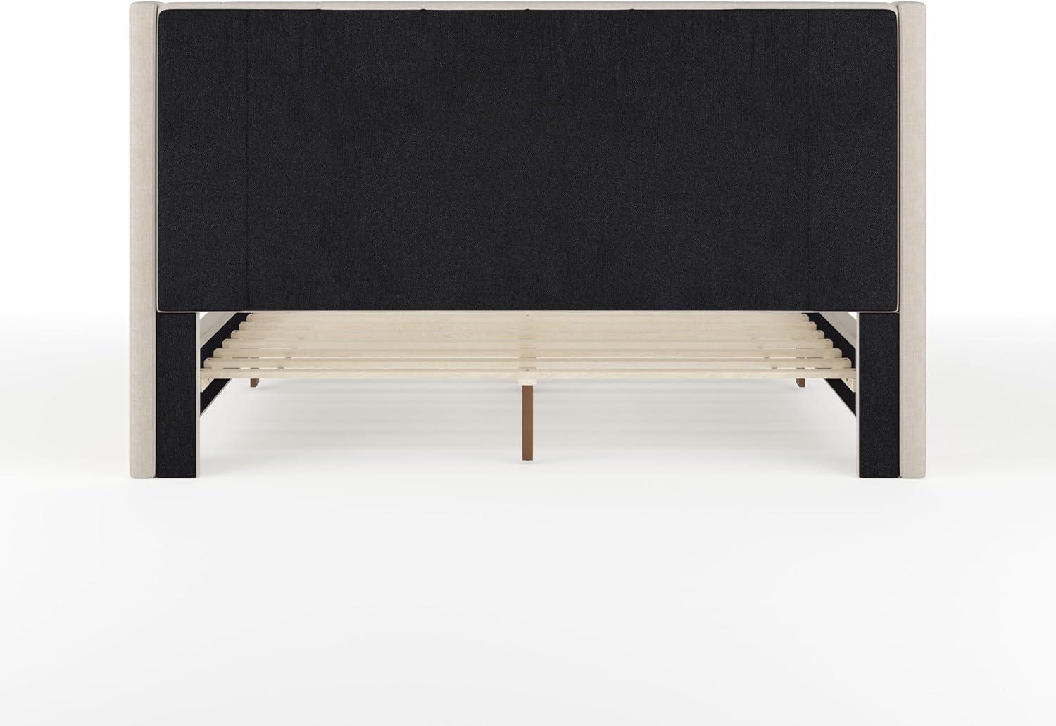 imageMartha Stewart Britta Platform Bed with Headboard ampamp Footboard Faux Linen Upholstery with Piping Detail Rounded Headboard No Box Spring Needed Queen BeigeBeige FabricWalnut Legs