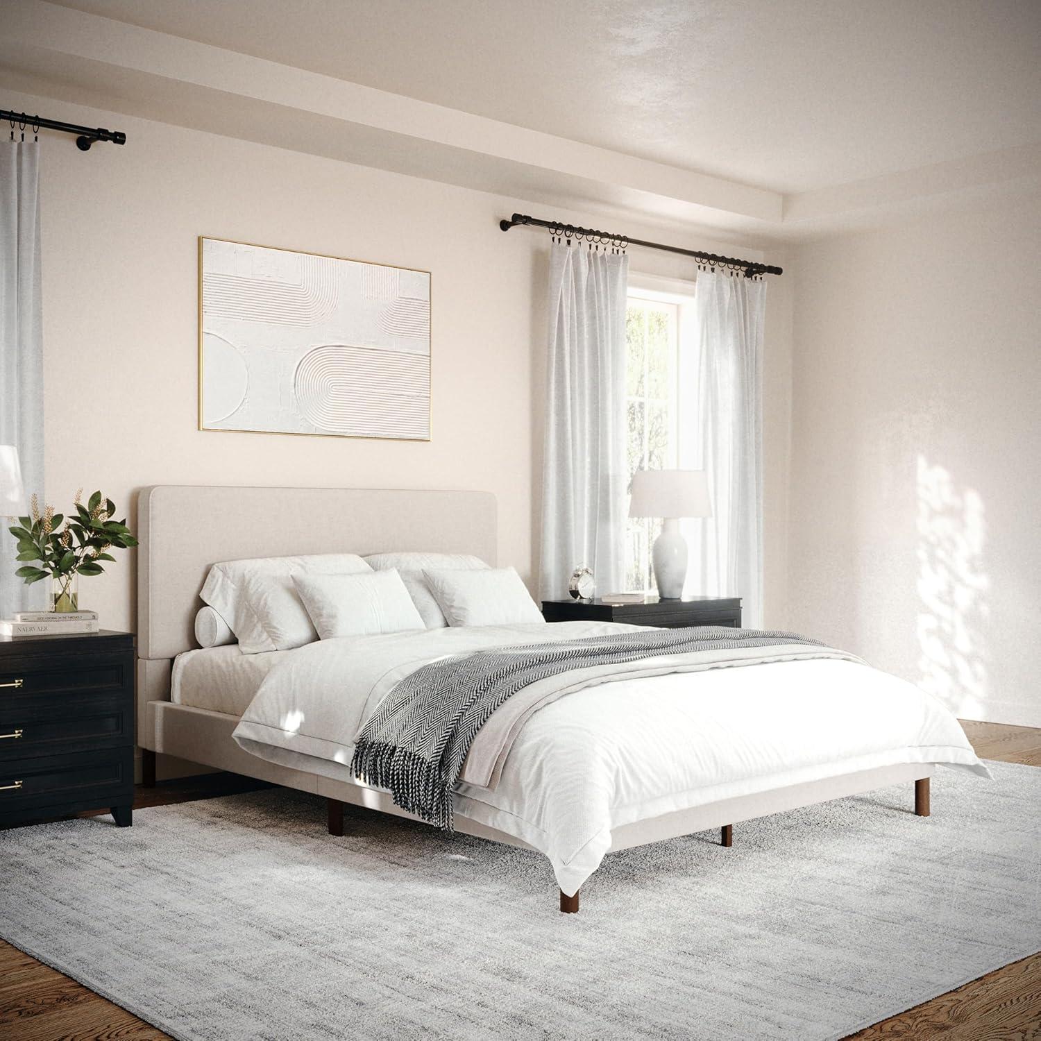imageMartha Stewart Britta Platform Bed with Headboard ampamp Footboard Faux Linen Upholstery with Piping Detail Rounded Headboard No Box Spring Needed Queen BeigeBeige FabricWalnut Legs