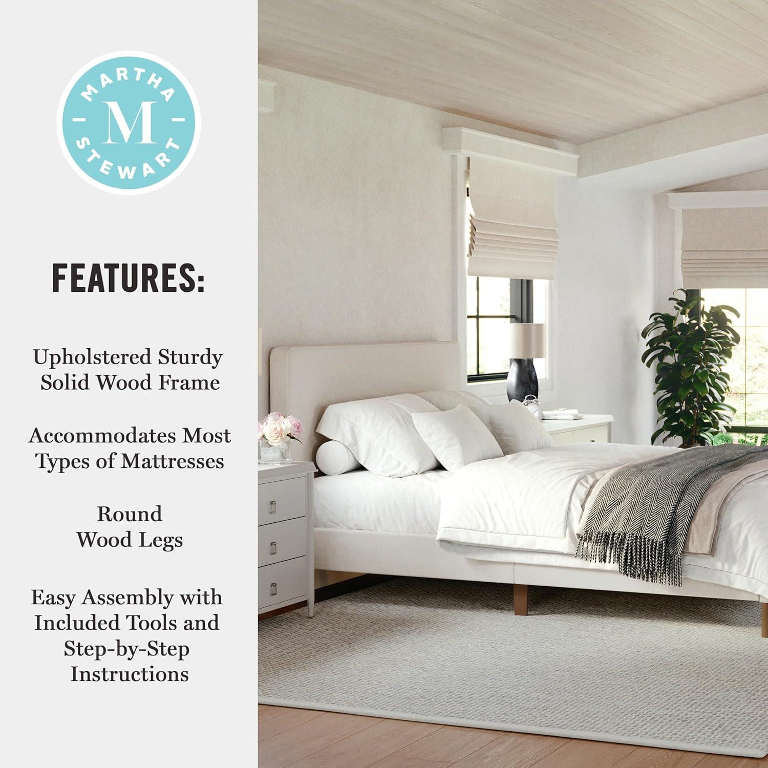 imageMartha Stewart Britta Platform Bed with Headboard ampamp Footboard Faux Linen Upholstery with Piping Detail Rounded Headboard No Box Spring Needed Queen BeigeBeige FabricWalnut Legs