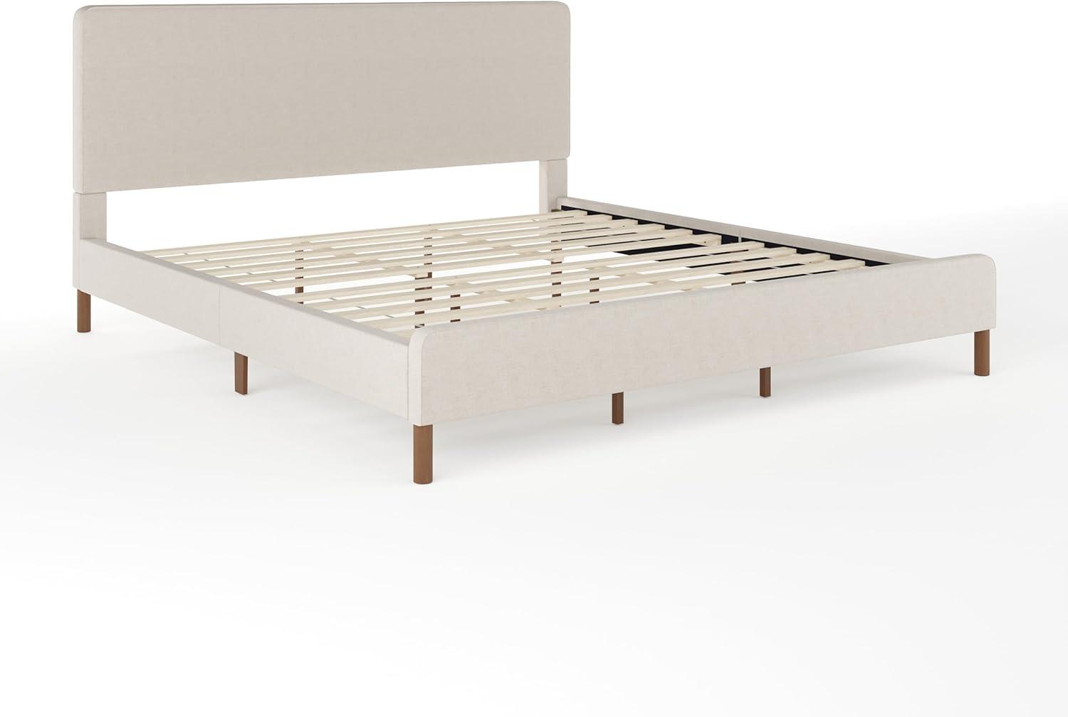 imageMartha Stewart Britta Platform Bed with Headboard ampamp Footboard Faux Linen Upholstery with Piping Detail Rounded Headboard No Box Spring Needed Queen BeigeBeige FabricWalnut Legs