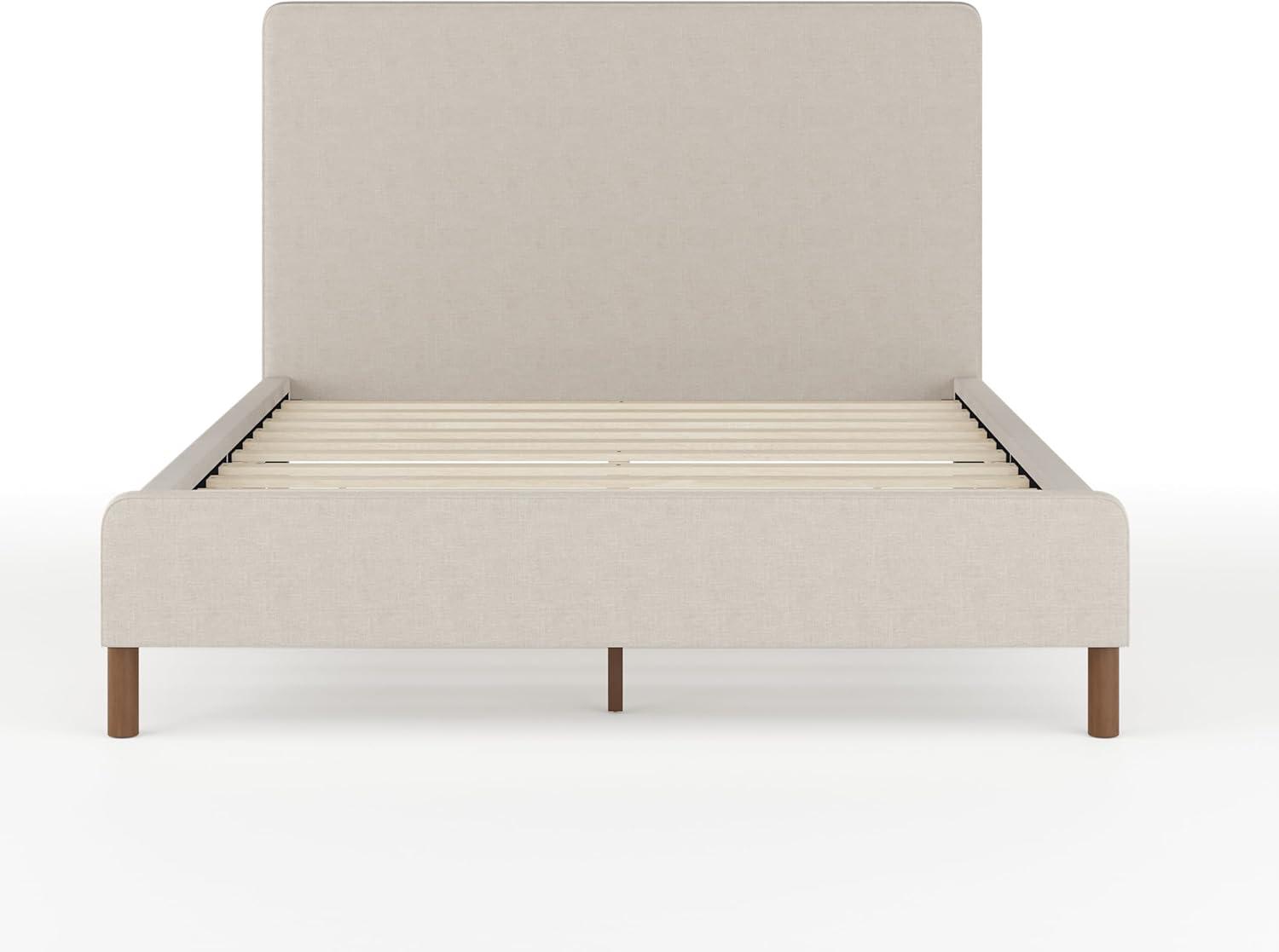 imageMartha Stewart Britta Platform Bed with Headboard ampamp Footboard Faux Linen Upholstery with Piping Detail Rounded Headboard No Box Spring Needed Queen BeigeBeige FabricWalnut Legs