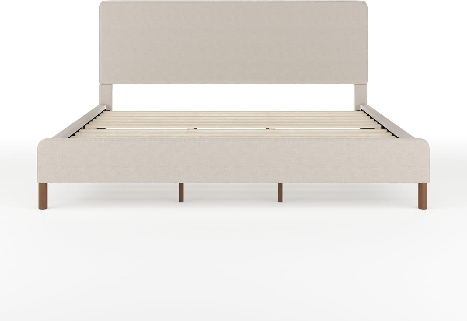 imageMartha Stewart Britta Platform Bed with Headboard ampamp Footboard Faux Linen Upholstery with Piping Detail Rounded Headboard No Box Spring Needed Queen BeigeBeige FabricWalnut Legs