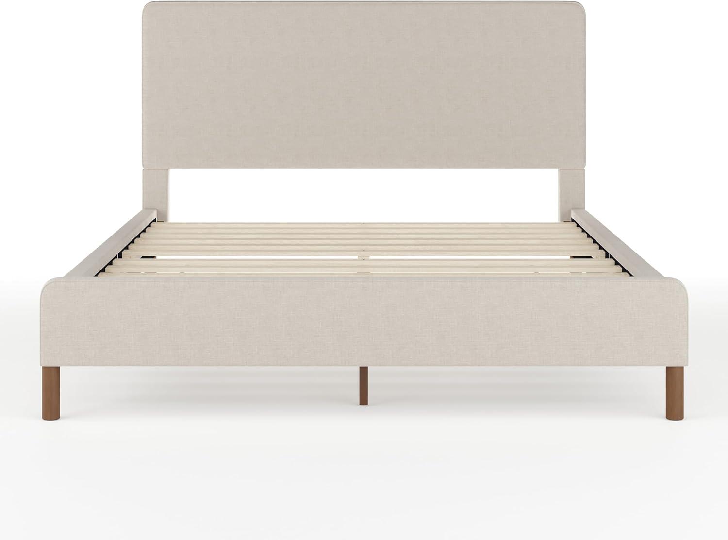 imageMartha Stewart Britta Platform Bed with Headboard ampamp Footboard Faux Linen Upholstery with Piping Detail Rounded Headboard No Box Spring Needed Queen BeigeBeige FabricWalnut Legs