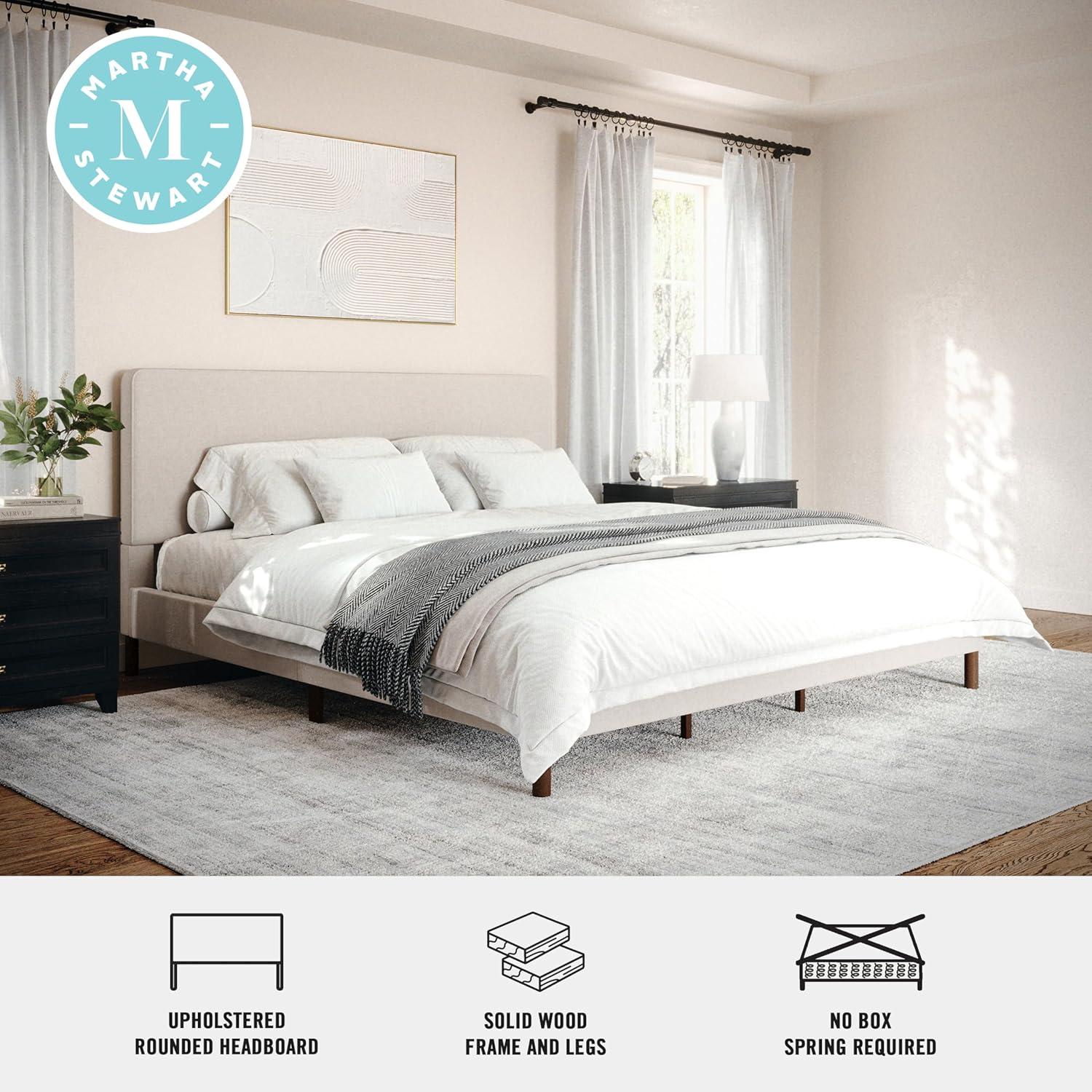 imageMartha Stewart Britta Platform Bed with Headboard ampamp Footboard Faux Linen Upholstery with Piping Detail Rounded Headboard No Box Spring Needed Queen BeigeBeige FabricWalnut Legs