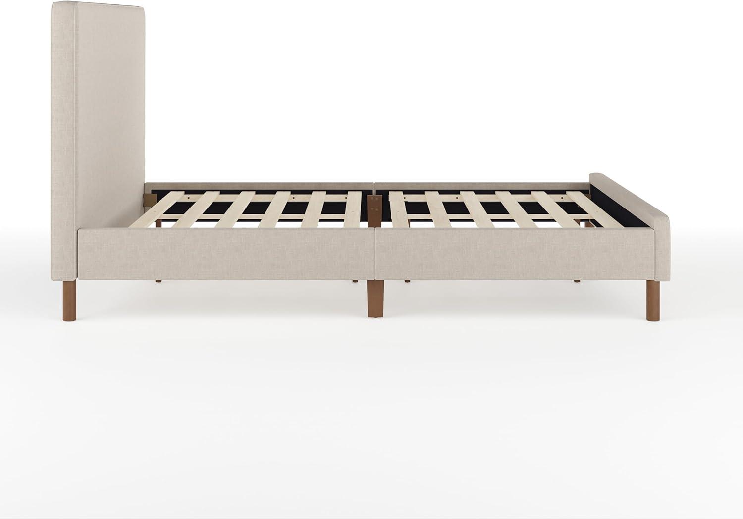 imageMartha Stewart Britta Platform Bed with Headboard ampamp Footboard Faux Linen Upholstery with Piping Detail Rounded Headboard No Box Spring Needed Queen BeigeBeige FabricWalnut Legs