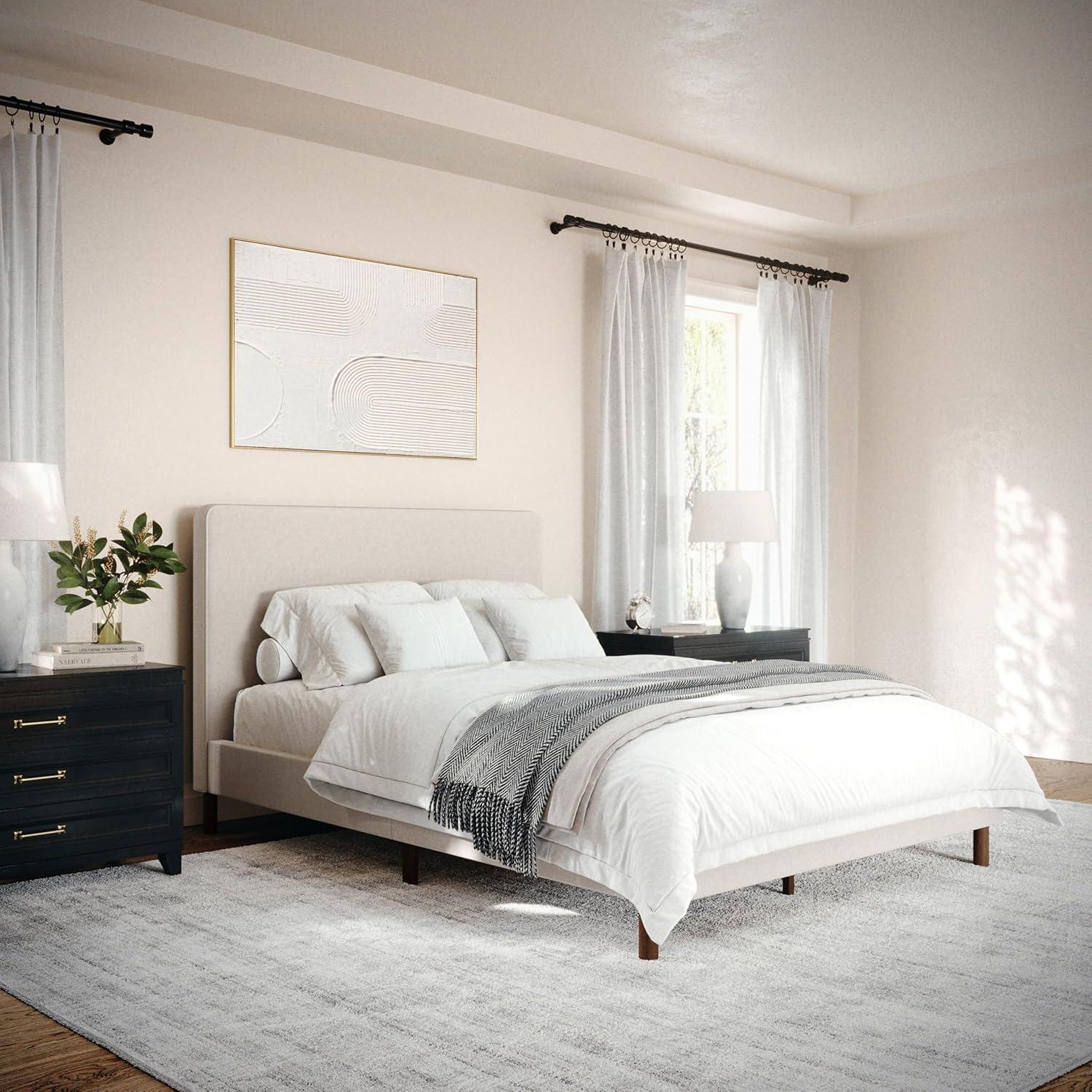 imageMartha Stewart Britta Platform Bed with Headboard ampamp Footboard Faux Linen Upholstery with Piping Detail Rounded Headboard No Box Spring Needed Queen BeigeBeige FabricWalnut Legs