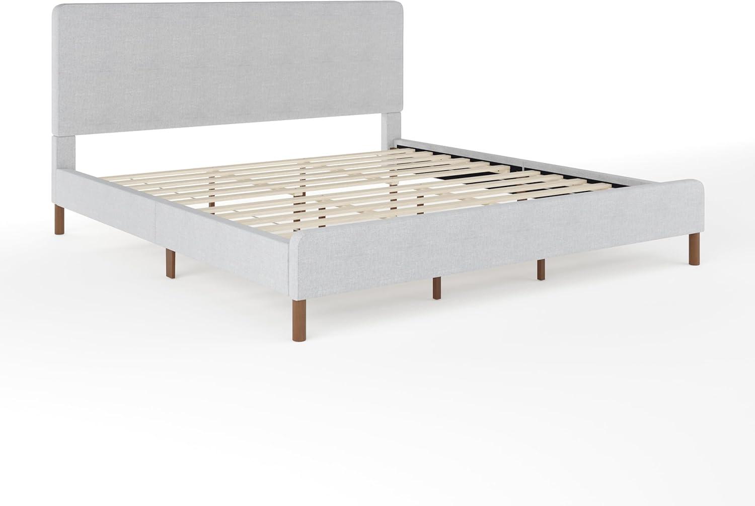 imageMartha Stewart Britta Platform Bed with Headboard ampamp Footboard Faux Linen Upholstery with Piping Detail Rounded Headboard No Box Spring Needed Queen BeigeGray FabricWalnut Legs