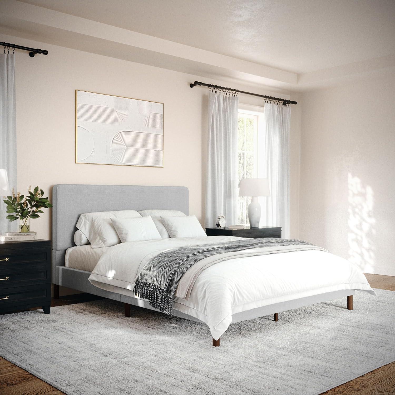 imageMartha Stewart Britta Platform Bed with Headboard ampamp Footboard Faux Linen Upholstery with Piping Detail Rounded Headboard No Box Spring Needed Queen BeigeGray FabricWalnut Legs