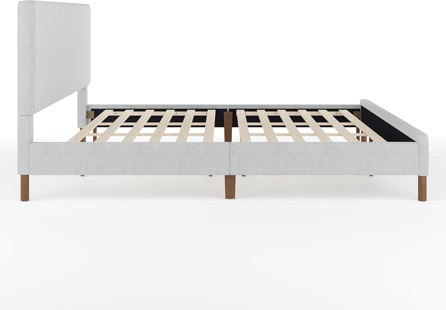 imageMartha Stewart Britta Platform Bed with Headboard ampamp Footboard Faux Linen Upholstery with Piping Detail Rounded Headboard No Box Spring Needed Queen BeigeGray FabricWalnut Legs