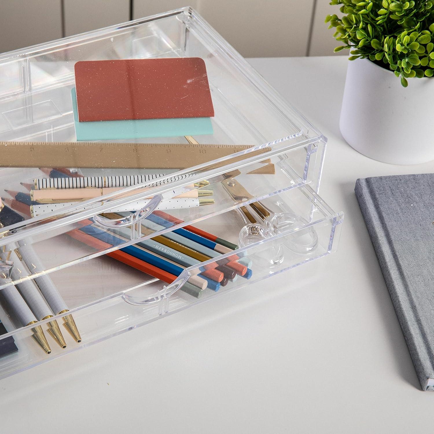 imageMartha Stewart Brody Desk Organizer with Drawer Stackable Plastic Desk Storage Box Organizer for Office Bathroom Countertop or Dorm 1275quot x 775quot Clear1275 x 775
