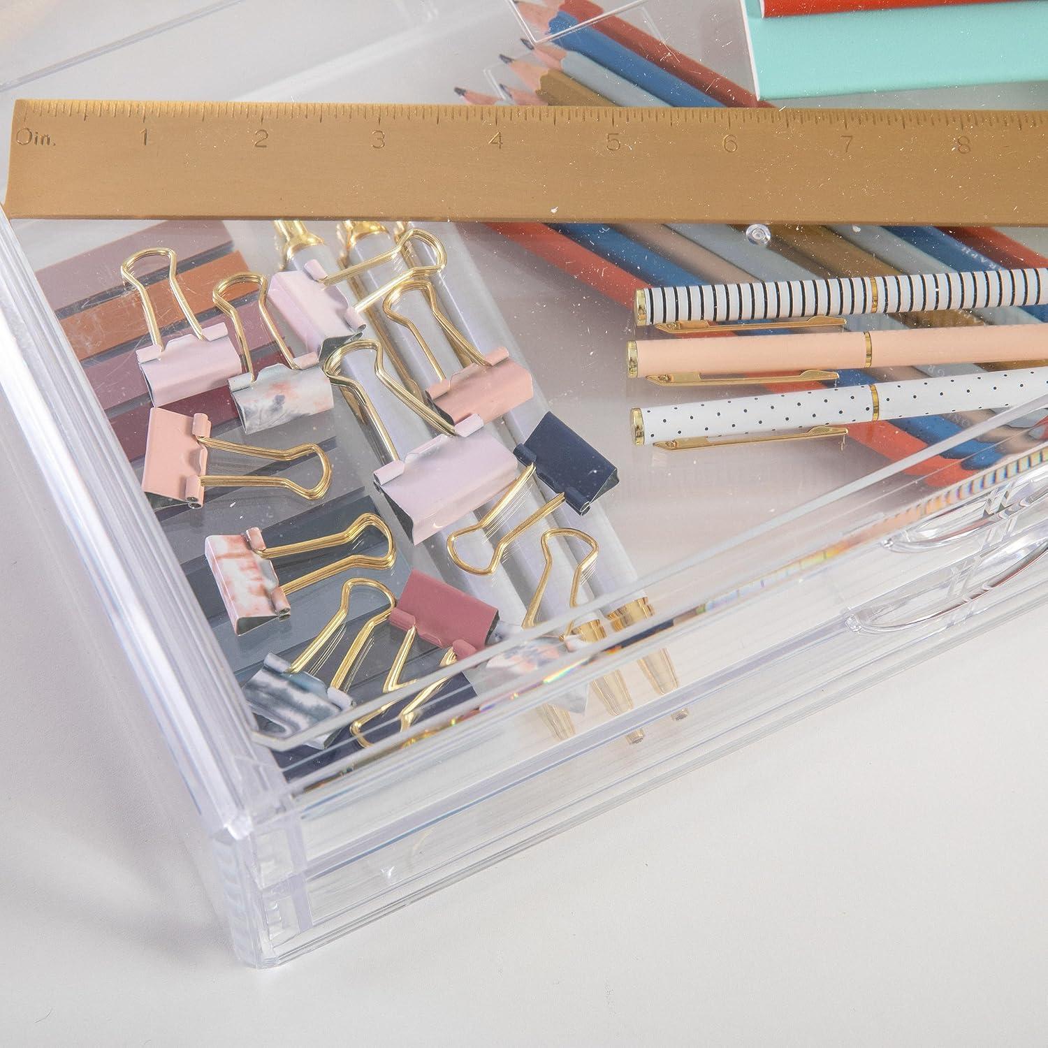 imageMartha Stewart Brody Desk Organizer with Drawer Stackable Plastic Desk Storage Box Organizer for Office Bathroom Countertop or Dorm 1275quot x 775quot Clear1275 x 775