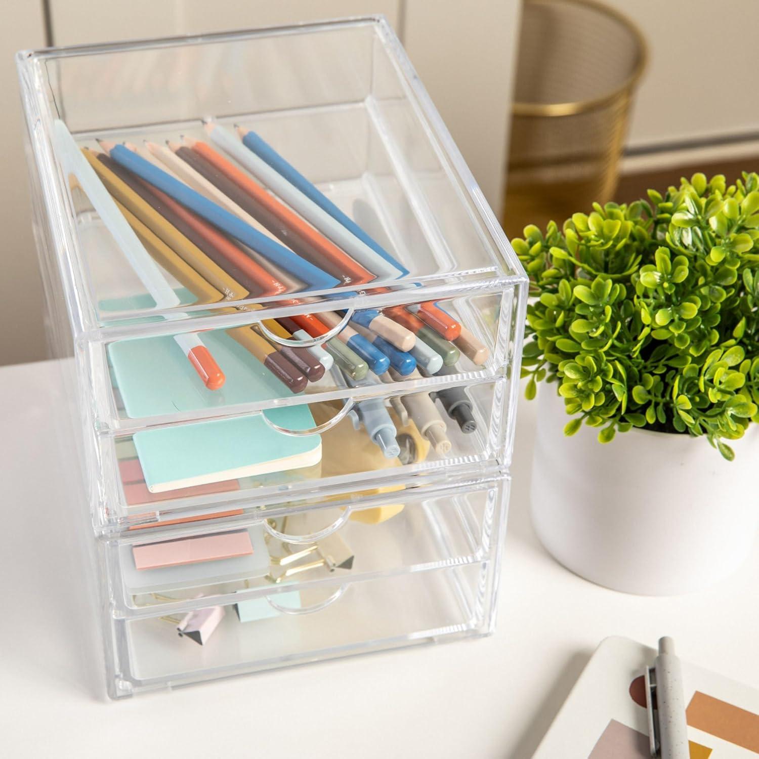 imageMartha Stewart Brody Desk Organizer with Drawer Stackable Plastic Desk Storage Box Organizer for Office Bathroom Countertop or Dorm 1275quot x 775quot Clear6 x 75
