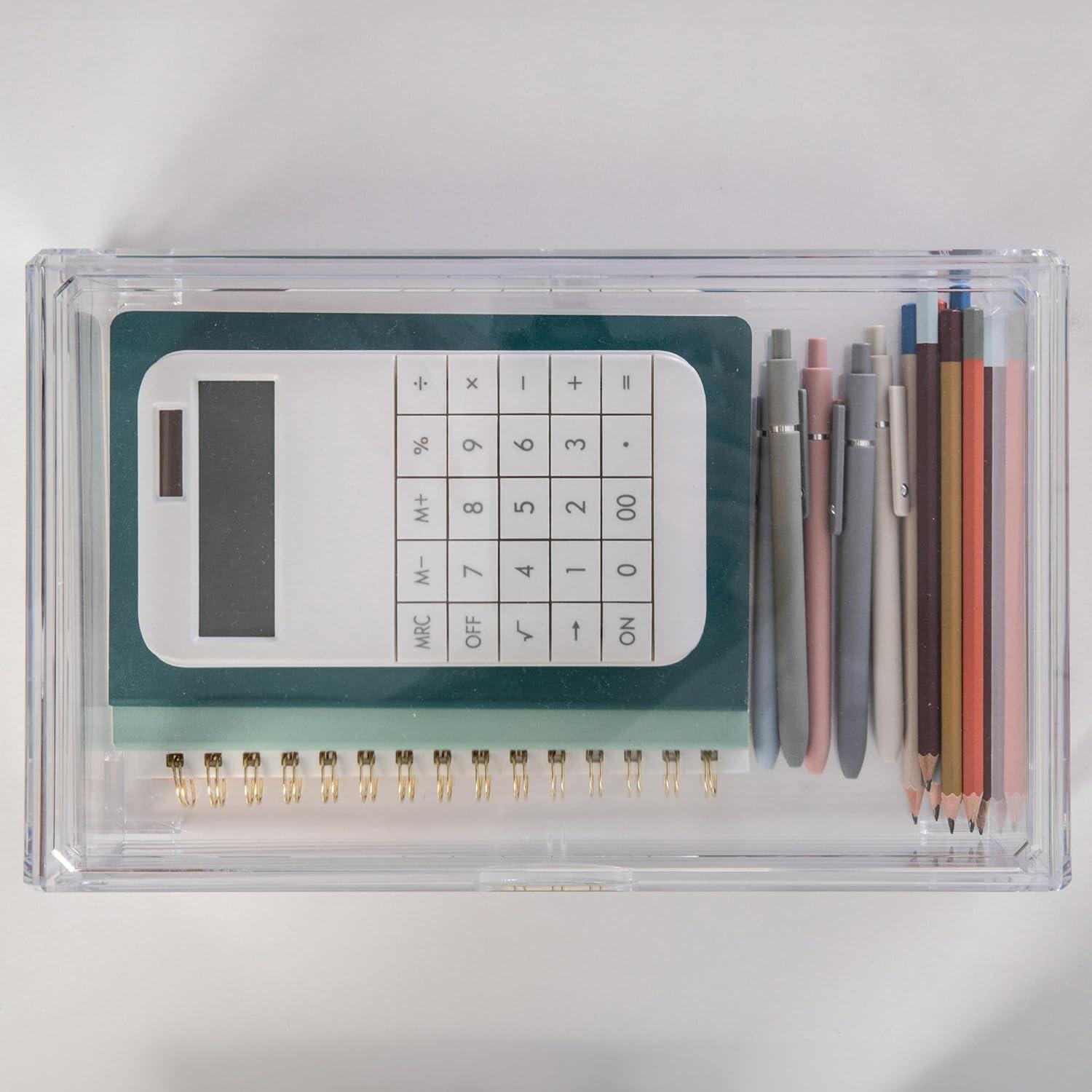 imageMartha Stewart Brody Desk Organizer with Drawer Stackable Plastic Desk Storage Box Organizer for Office Bathroom Countertop or Dorm 1275quot x 775quot Clear1275 x 775