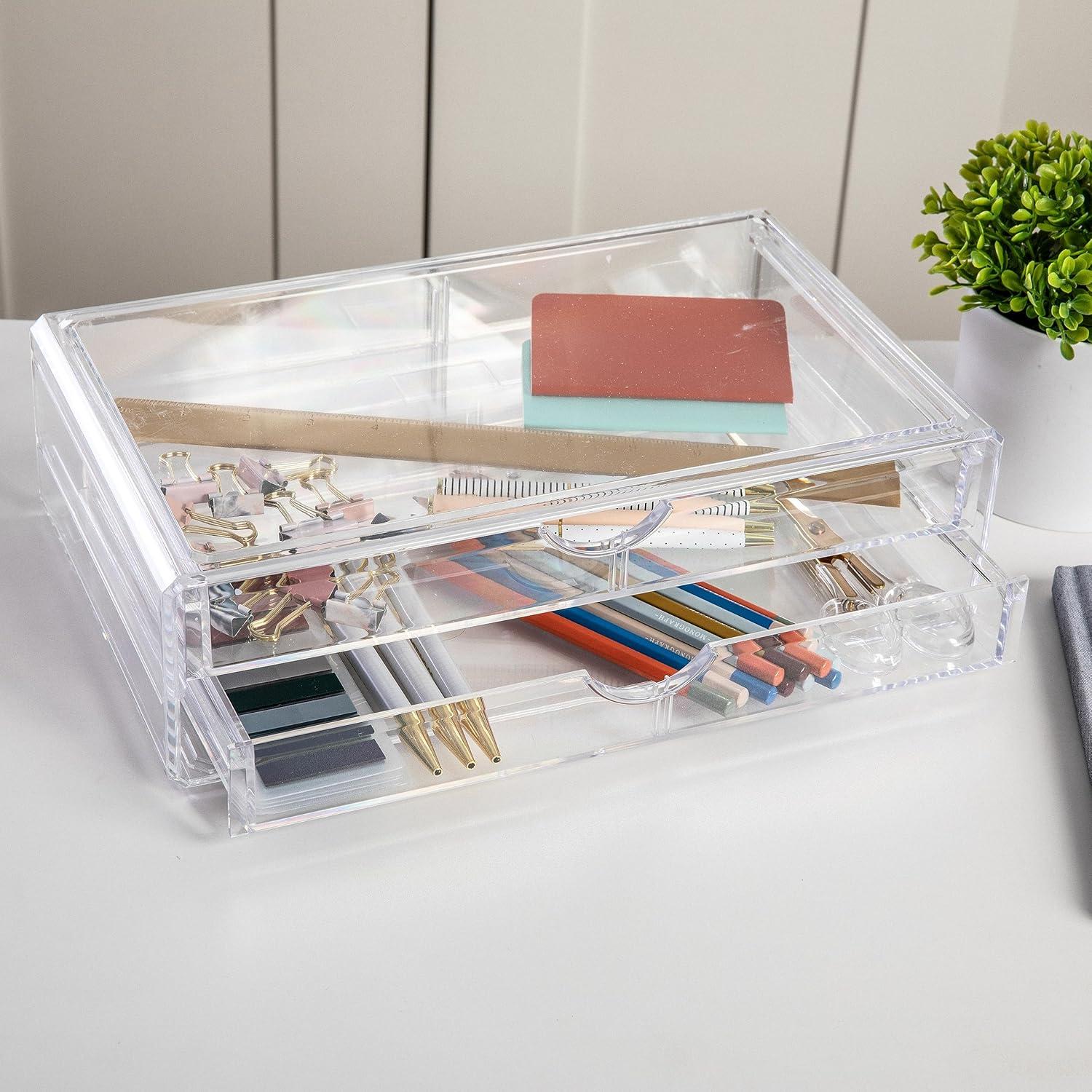 imageMartha Stewart Brody Desk Organizer with Drawer Stackable Plastic Desk Storage Box Organizer for Office Bathroom Countertop or Dorm 1275quot x 775quot Clear1275 x 775