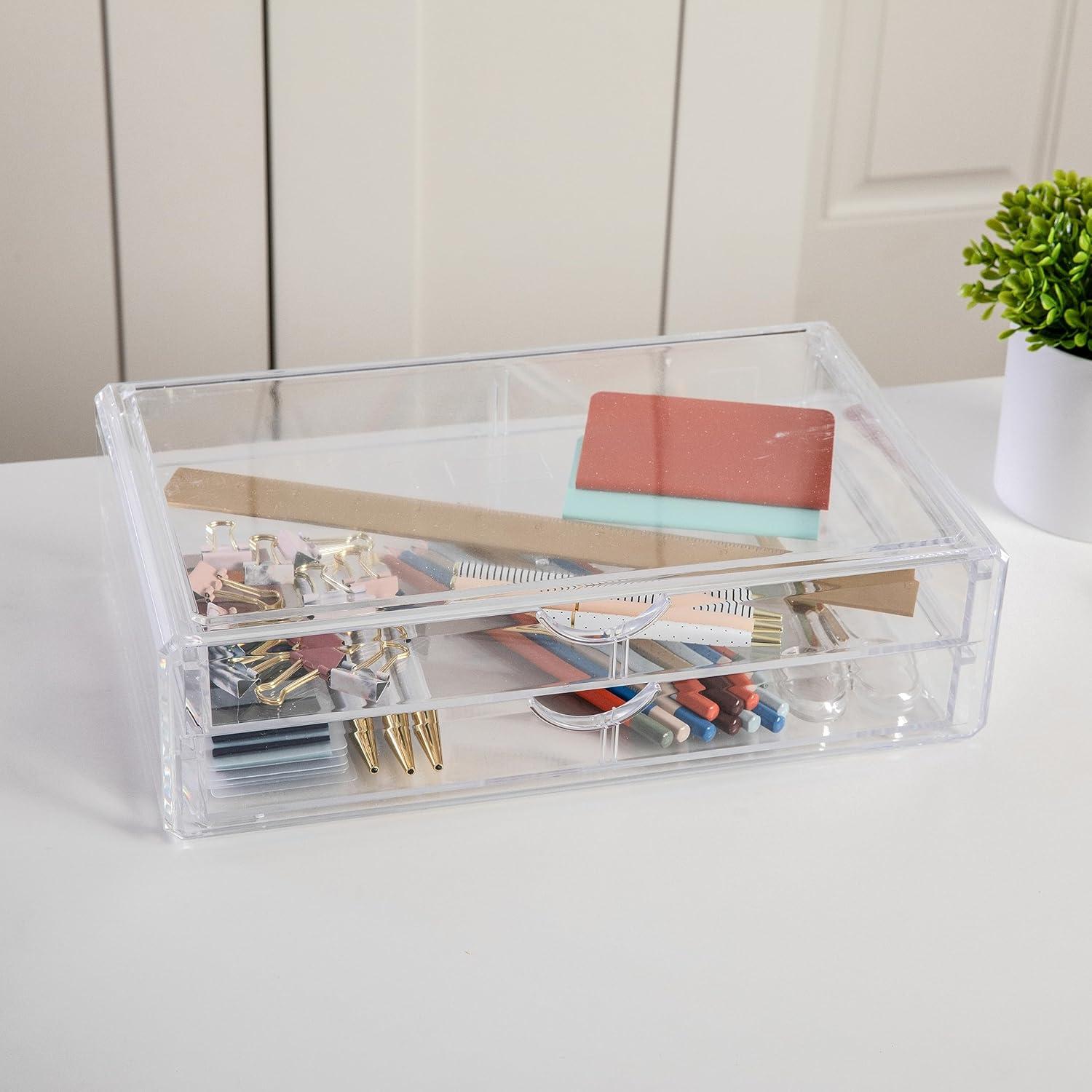 imageMartha Stewart Brody Desk Organizer with Drawer Stackable Plastic Desk Storage Box Organizer for Office Bathroom Countertop or Dorm 1275quot x 775quot Clear1275 x 775