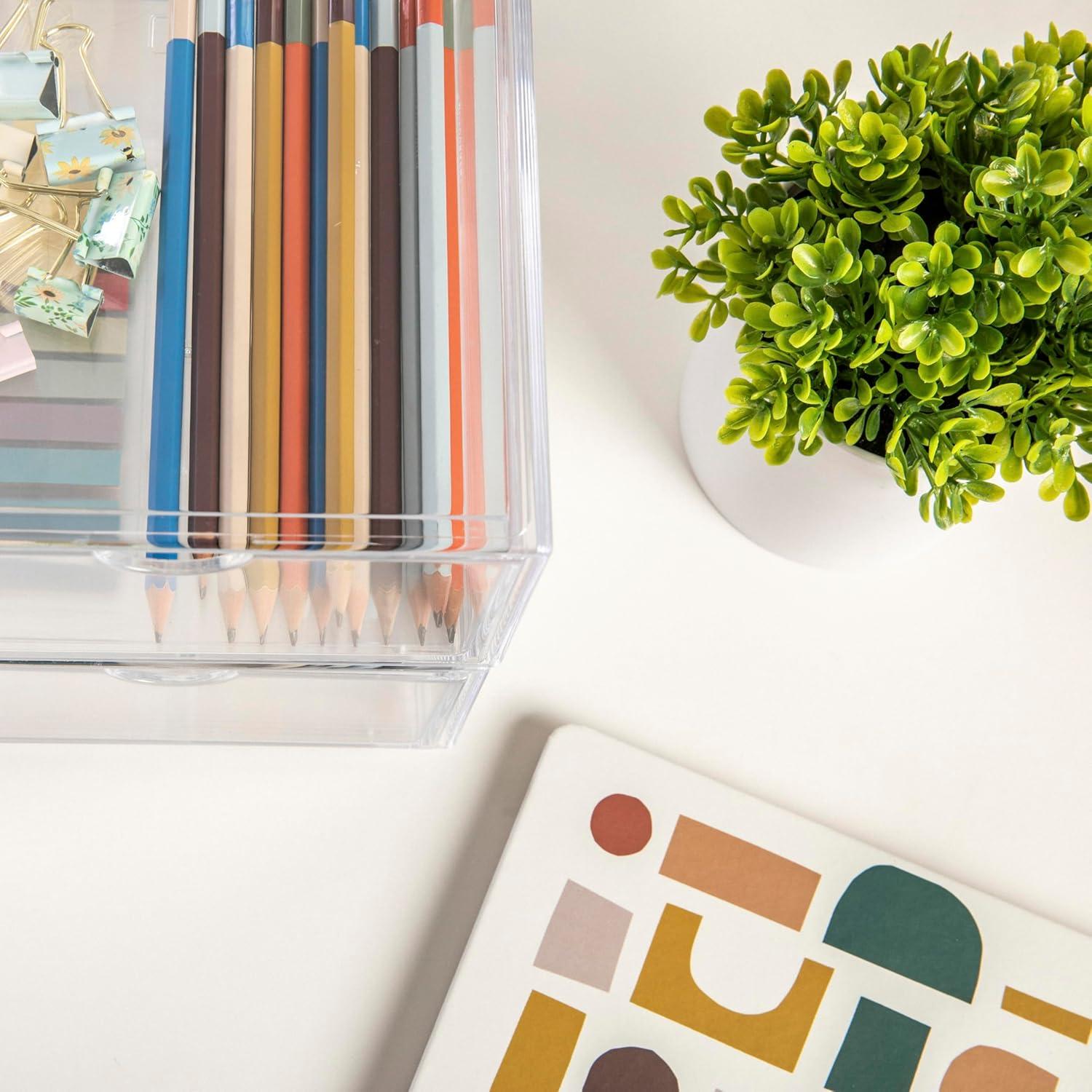 imageMartha Stewart Brody Desk Organizer with Drawer Stackable Plastic Desk Storage Box Organizer for Office Bathroom Countertop or Dorm 1275quot x 775quot Clear6 x 75