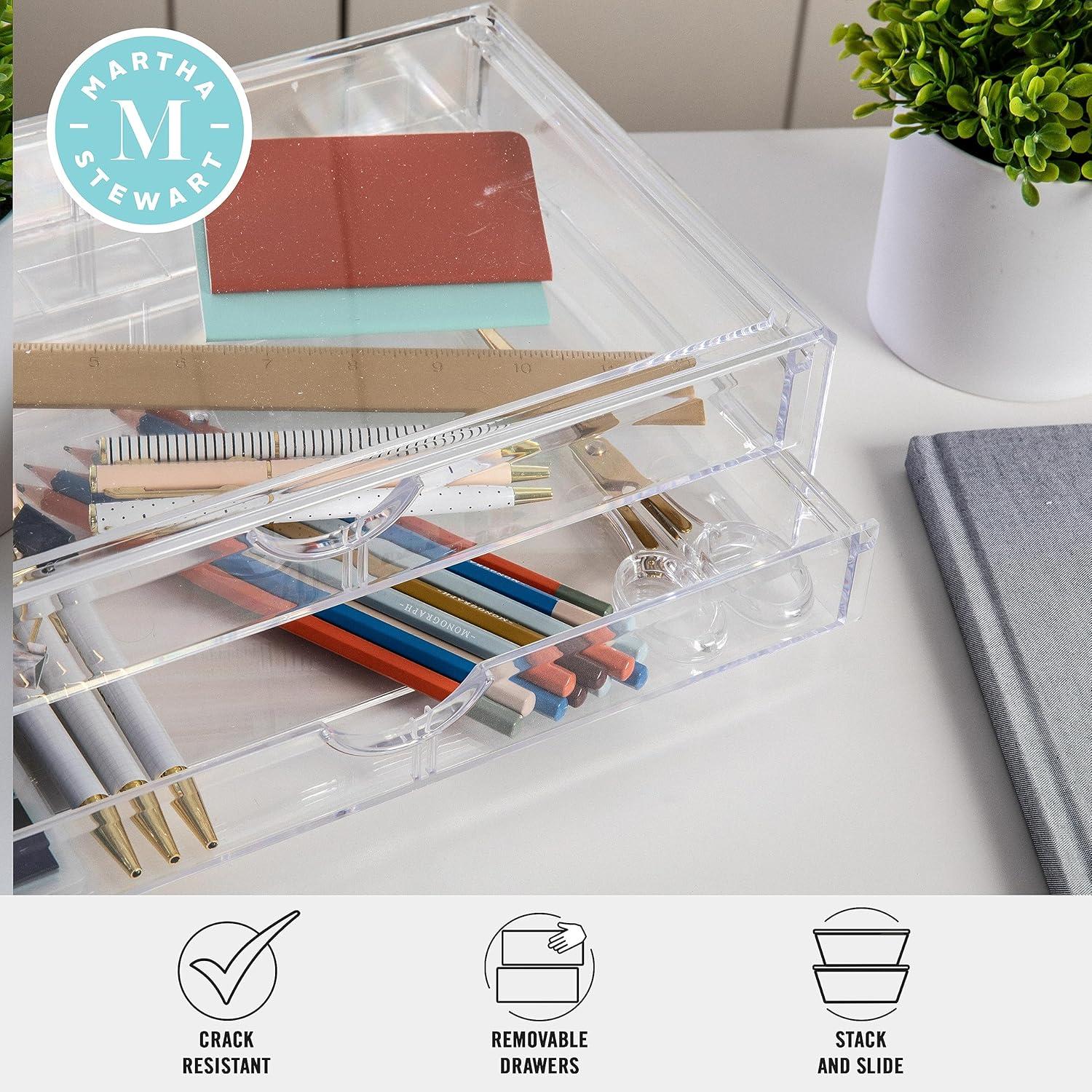 imageMartha Stewart Brody Desk Organizer with Drawer Stackable Plastic Desk Storage Box Organizer for Office Bathroom Countertop or Dorm 1275quot x 775quot Clear1275 x 775