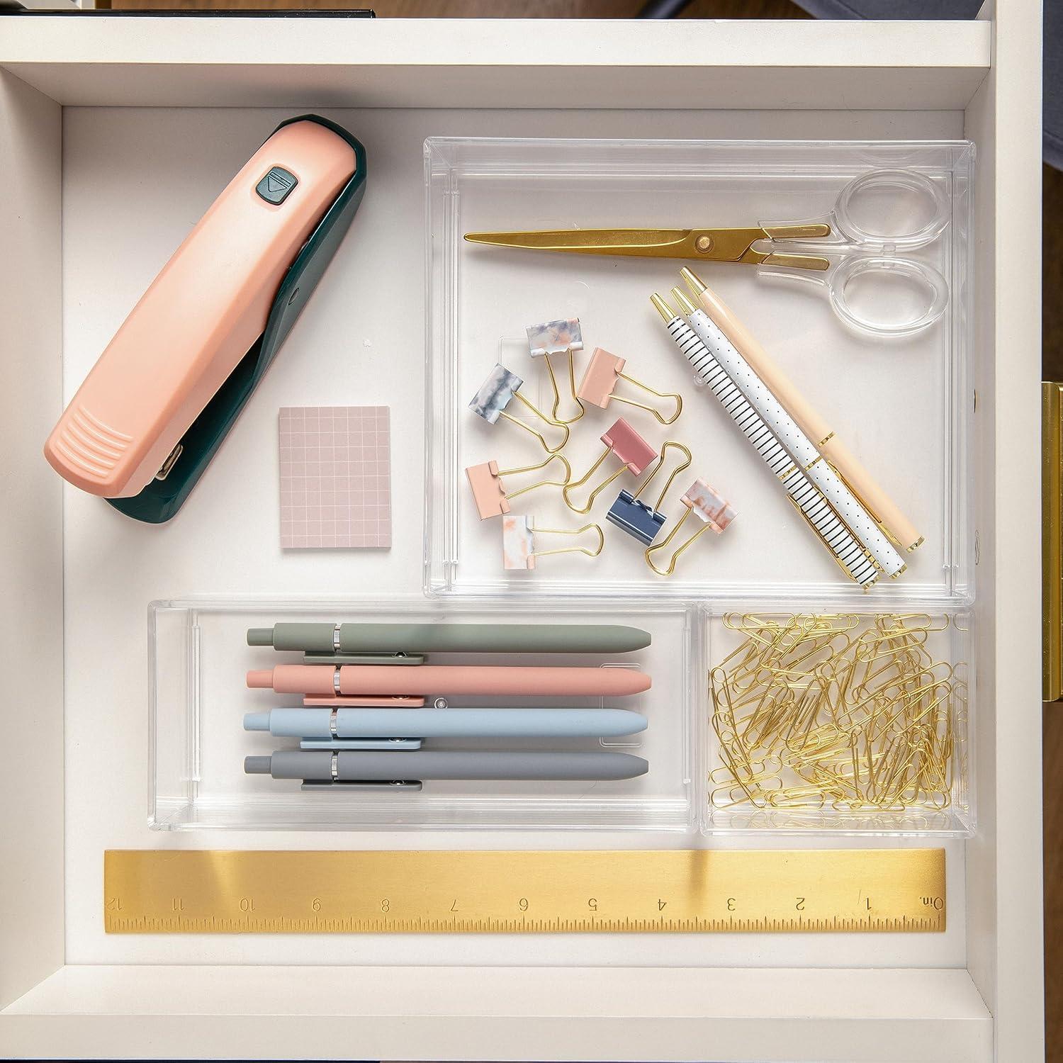 imageMartha Stewart Brody Desktop Storage Organizer Stack and Slide Plastic Organizer Tray Organizer for Office Kitchen or Vanity 3quot x 75quot Clear1S 1M 1L