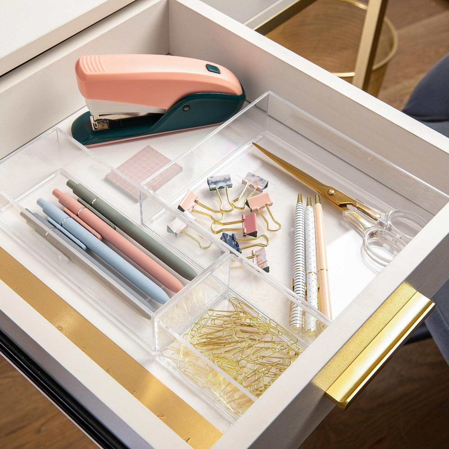 imageMartha Stewart Brody Desktop Storage Organizer Stack and Slide Plastic Organizer Tray Organizer for Office Kitchen or Vanity 3quot x 75quot Clear1S 1M 1L