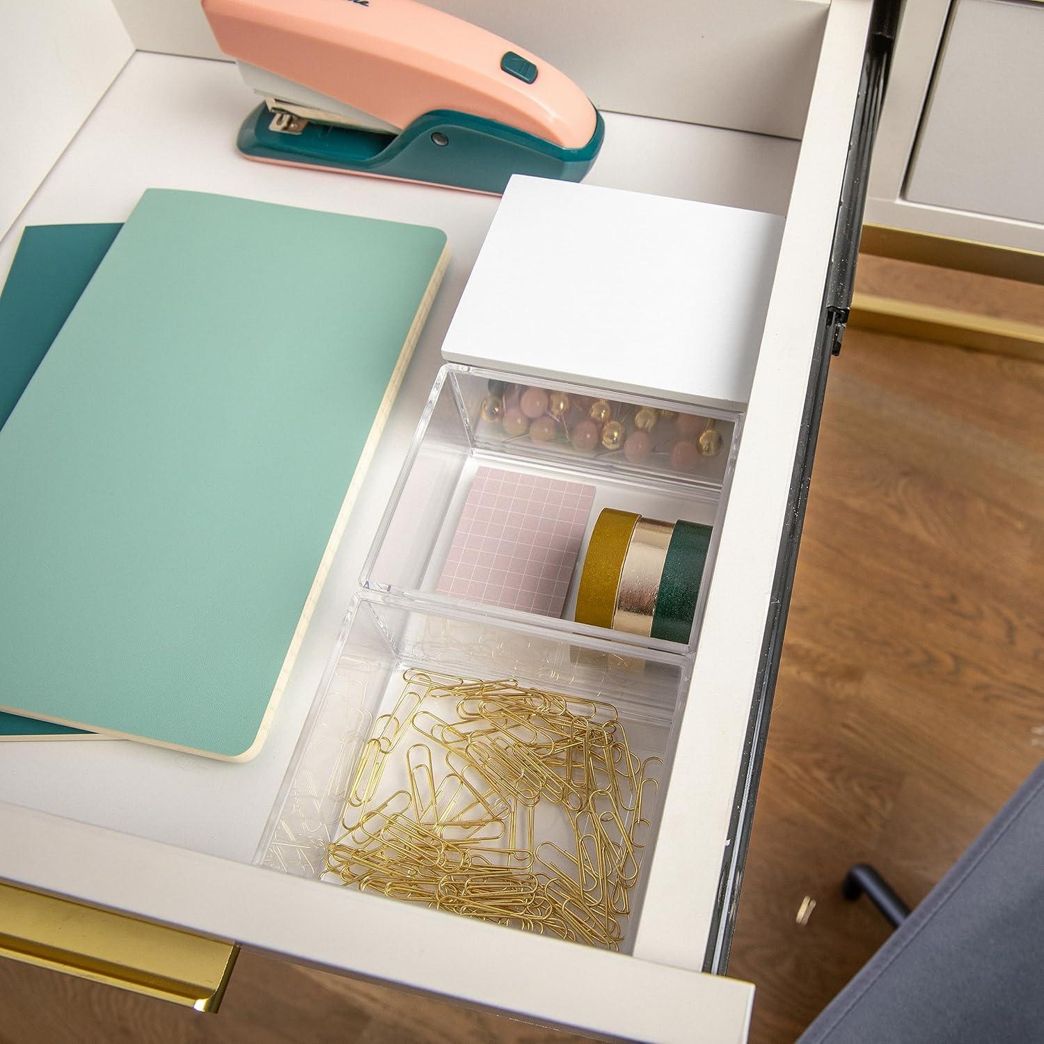 imageMartha Stewart Brody Plastic Storage Organizer Bins with Engineered Wood Lid for Home Office Kitchen or Bathroom 3 Pack Small 375quot x 3quot ClearWhite