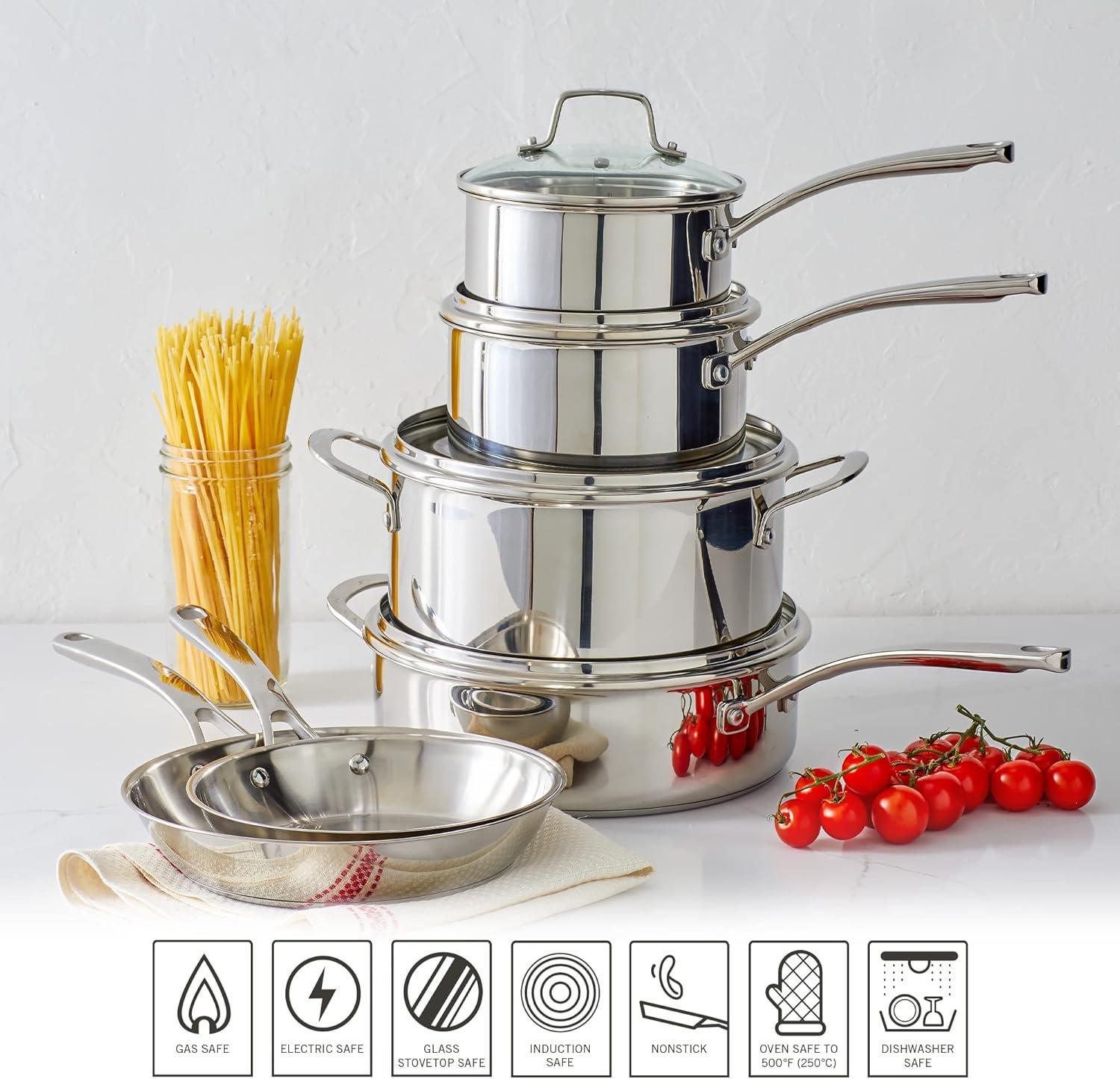 imageMartha Stewart Castelle 10 Piece 188 Durable Stainless Steel Induction Safe Pots and Pans NonToxic Kitchen Cookware Set Gold Handles Dishwasher SafeStainless Steel