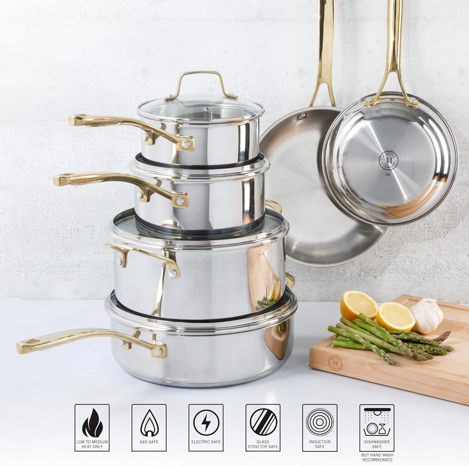 imageMartha Stewart Castelle 10 Piece 188 Durable Stainless Steel Induction Safe Pots and Pans NonToxic Kitchen Cookware Set Gold Handles Dishwasher SafeStainless Steel W Gold Handle