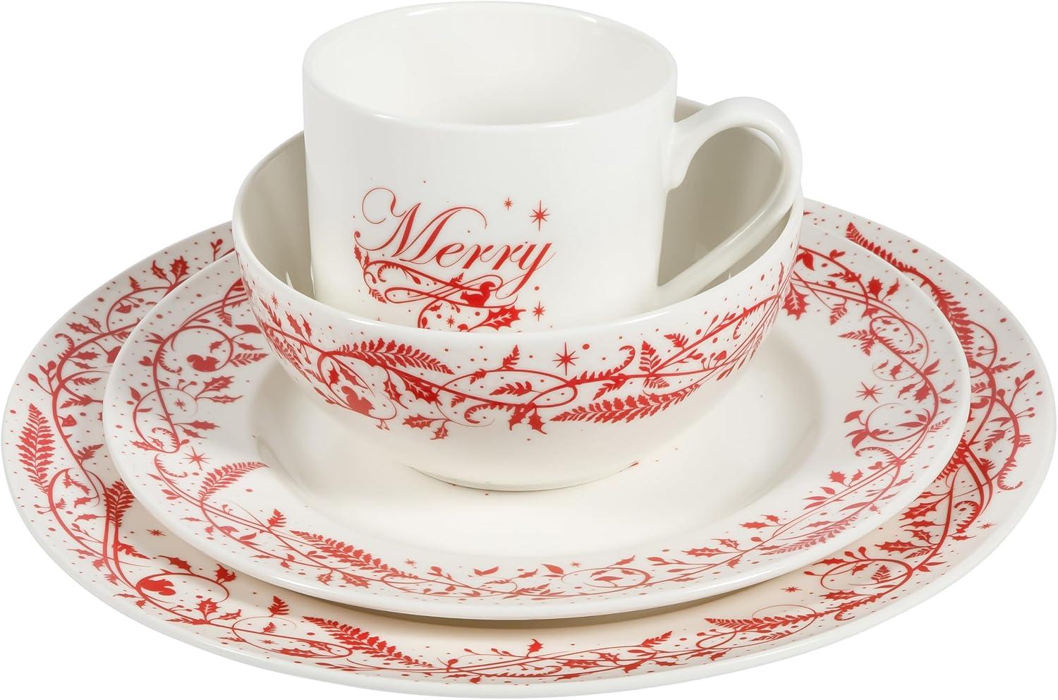 imageMartha Stewart Christmas Plates 12 Piece Decorated Red and White Stoneware Dinnerware SetChristmas Vines
