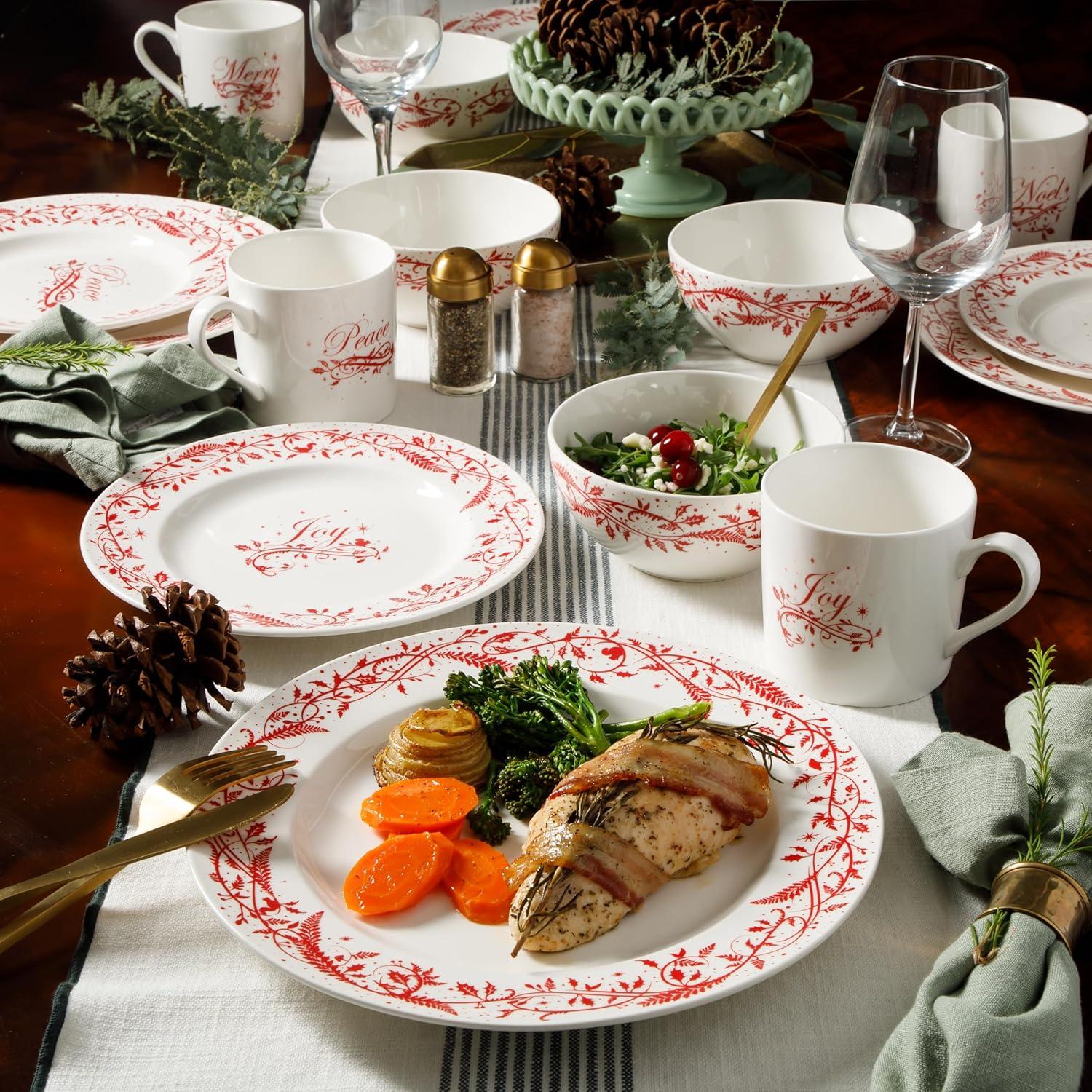 imageMartha Stewart Christmas Plates 12 Piece Decorated Red and White Stoneware Dinnerware SetChristmas Vines